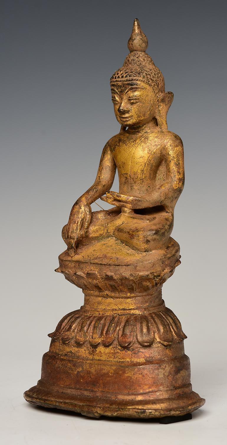 16th Century Antique Burmese Bronze Buddha with Gilded Gold on Double Lotus Base 1