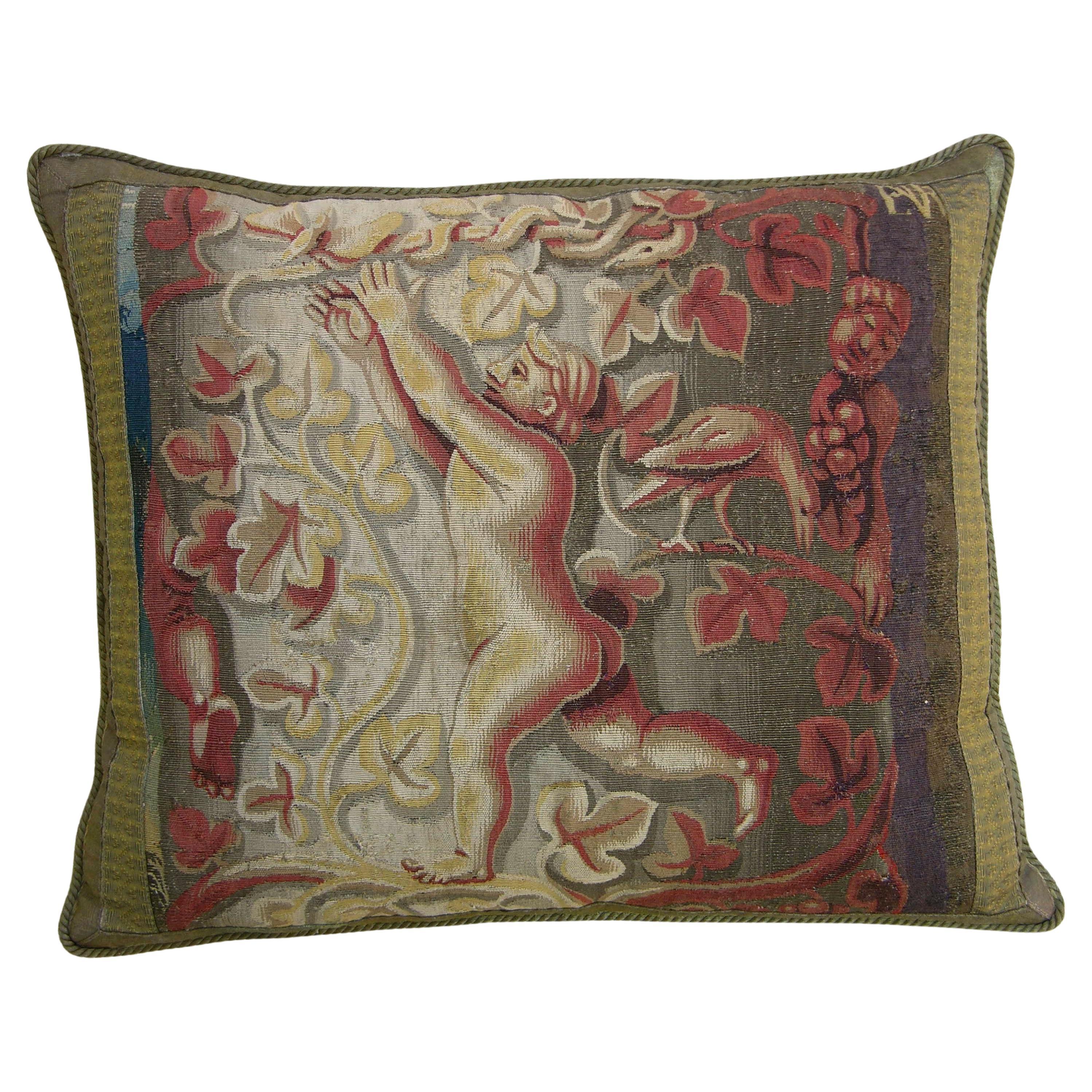 Oreiller en tapisserie flamande antique du 16e siècle - 25'' X 21''
