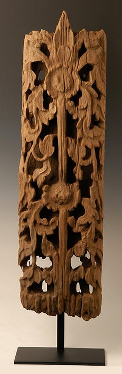 16th Century, Ava, Antique Burmese Wood Carving Panel with Flower