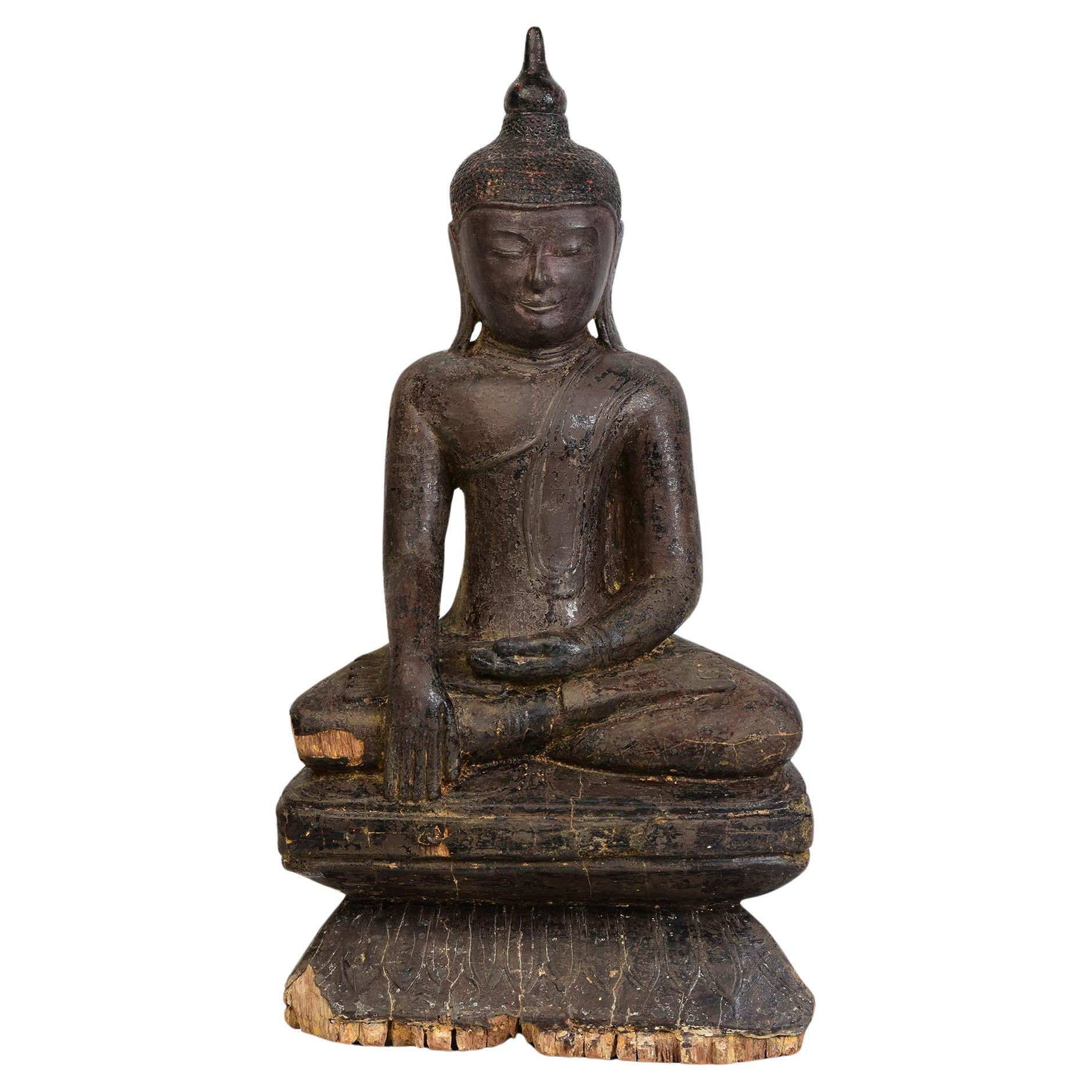 16th Century, Ava, Antique Burmese Wooden Seated Buddha Statue For Sale