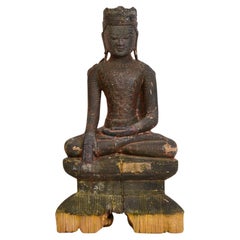 16th Century, Ava, Antique Burmese Wooden Seated King Crowned Buddha