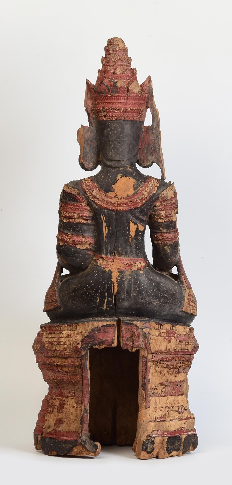 16th Century, Ava, Rare Antique Burmese Wooden Seated Crowned Buddha For Sale 5