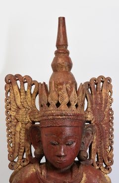 16th Century, Ava, Rare Antique Burmese Wooden Seated Crowned King Buddha