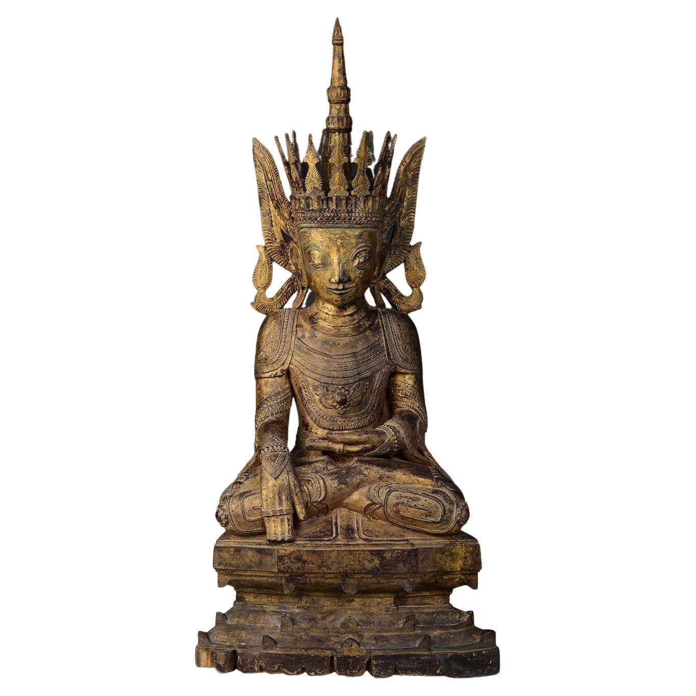 16th Century, Ava, Rare Antique Tai Yai Burmese Wooden Seated Crowned Buddha For Sale