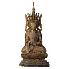 16th Century, Ava, Rare Antique Tai Yai Burmese Wooden Seated Crowned Buddha