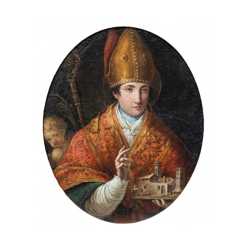 XVI Century 

Blessed Giovanni Cacciafronte de Sordi with the model of the city of Vicenza

Oil on oval canvas, 51 x 40.5 cm

With frame, cm 58,5 x 48,5

The oval canvas depicts a holy bishop, as indicated by the attributes of the miter on