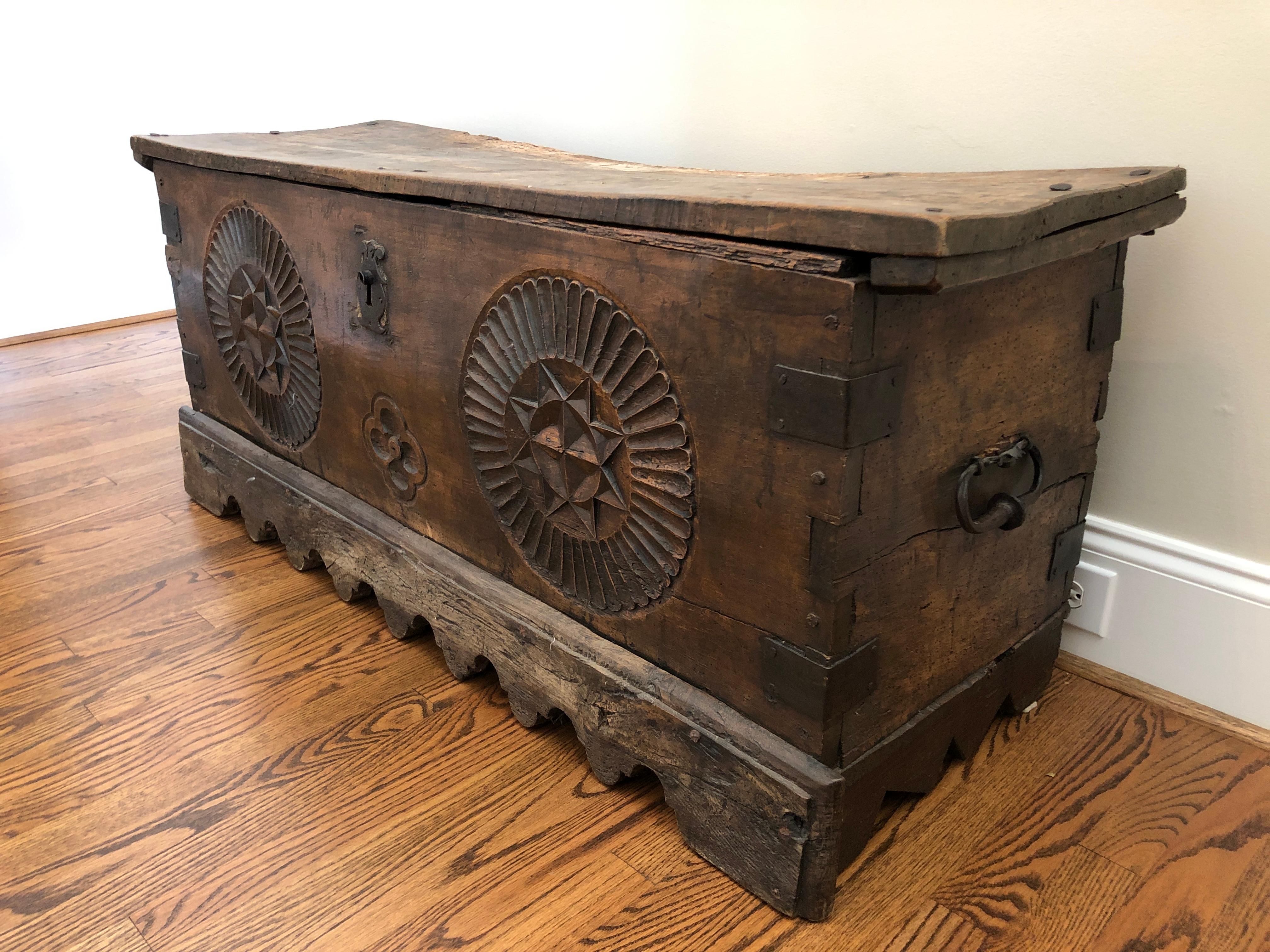 A coffer originating in Belgium in the 16th century. This trunk was recovered from the ruins of a medieval Belgian monastery in the 1990s by its current owner. 

Measures: 51 W 18 D 25 H

Good original condition. Has been treated for insects.