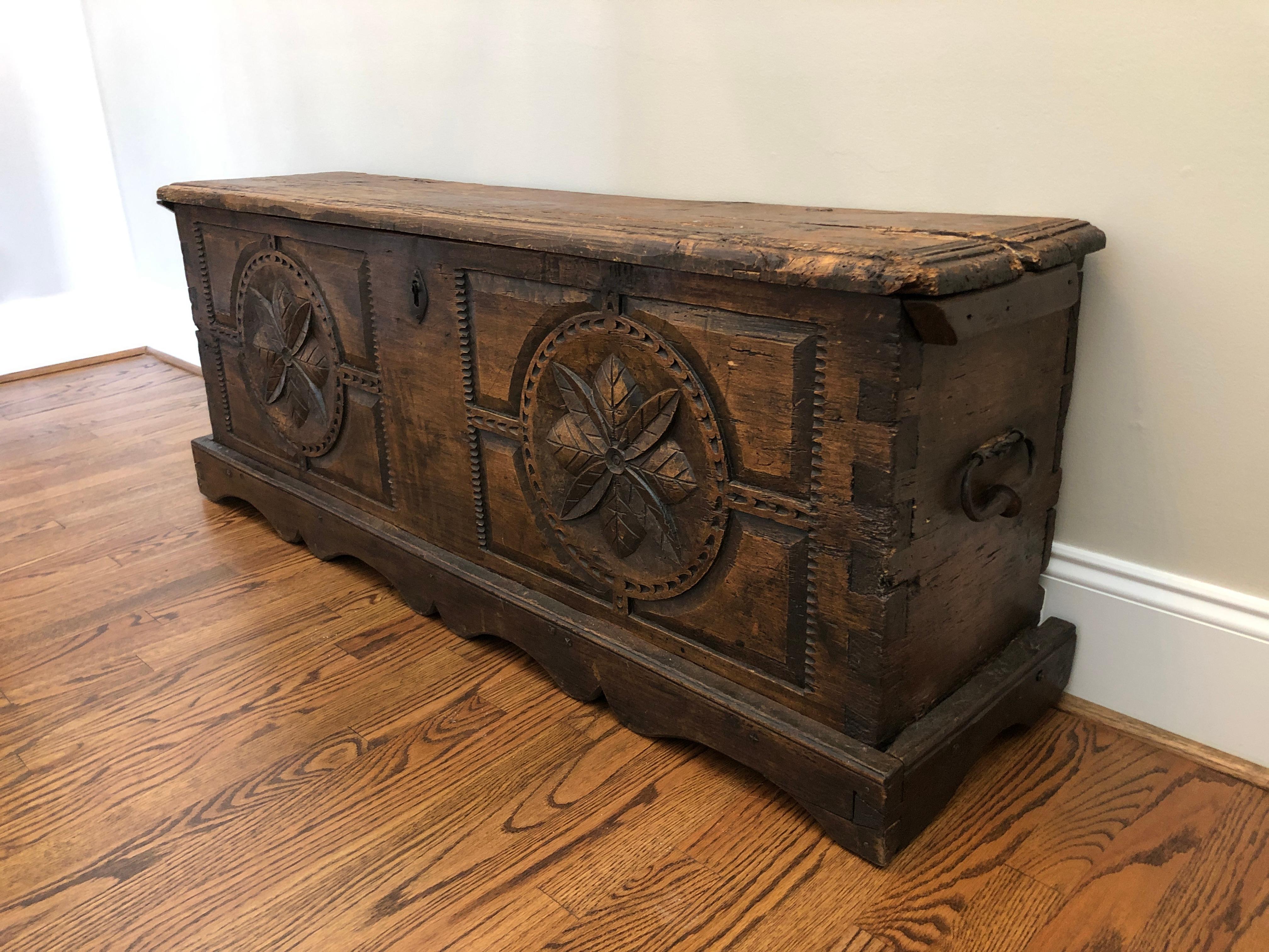 A coffer originating in Belgium in the 16th Century. This trunk was recovered from the ruins of a medieval Belgian monastery in the 1990s by its current owner. 

Measures: 54W 13.75D 21H

Good original condition. Has been treated for insects.
 