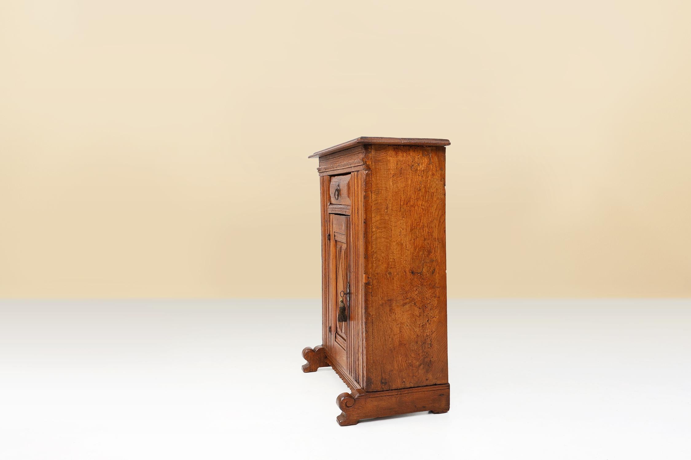 Armoire belge du 16e siècle en chêne massif, sculptée à la main et à une seule porte en vente 6