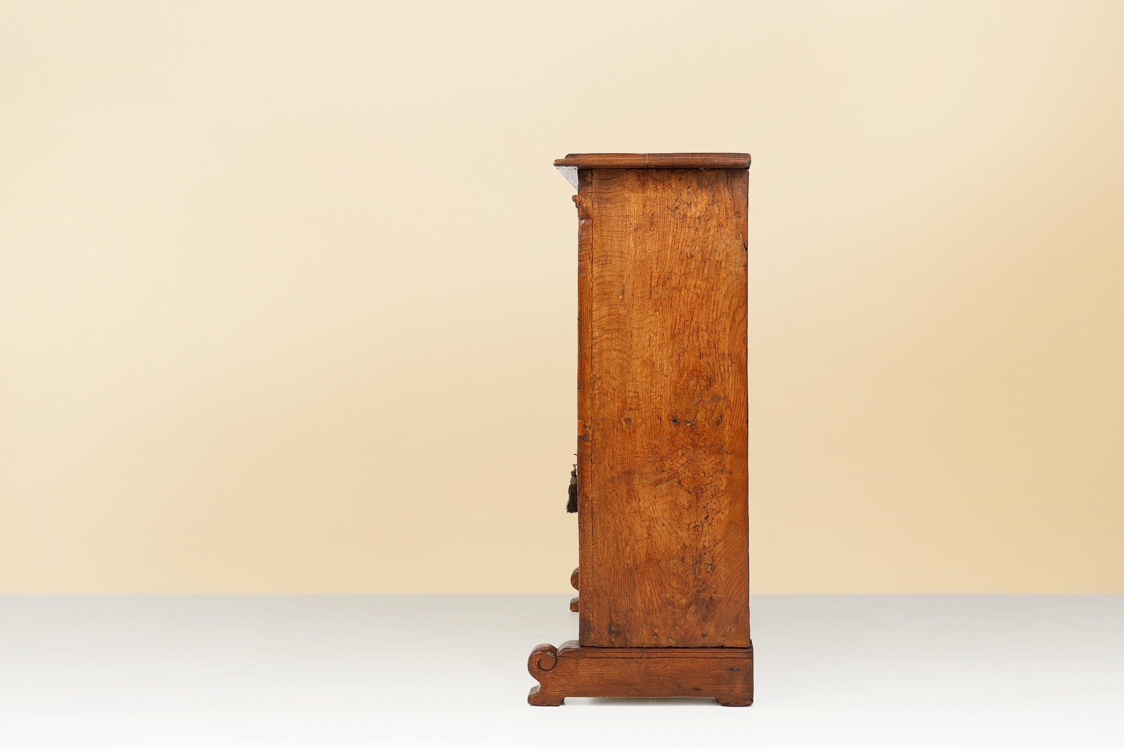 Armoire belge du 16e siècle en chêne massif, sculptée à la main et à une seule porte en vente 9