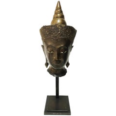 Antique 16th Century, Bronze Crowned Buddha Head, Kamphaeng Phet Period, Art of Thailand