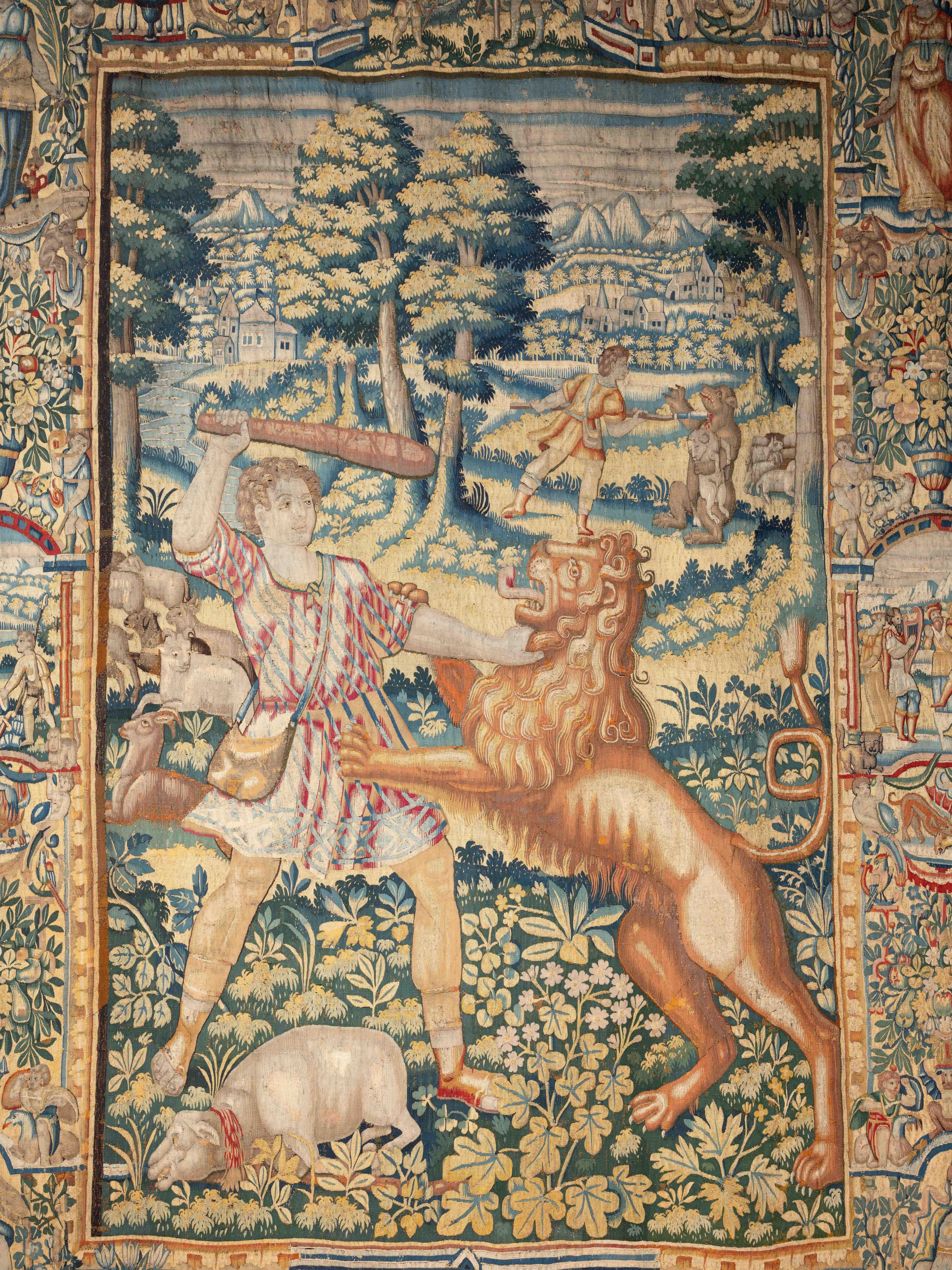 16th century Brussels tapestry
The Story of David
Brabant, 16th Century
Monogram at the bottom left.
320 x 250 cm

This splendid Brussels tapestry, crafted from wool and silk during the 16th century, bears the monogram of the weaver's workshop at