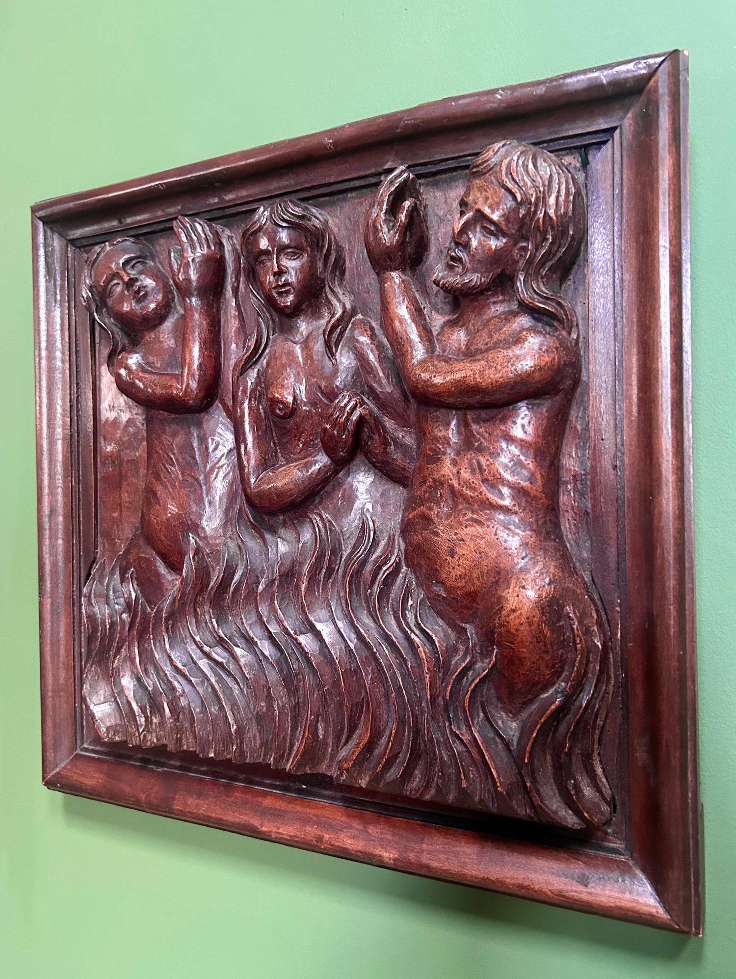 Renaissance 16th Century Carved Religious Panel Sculpture of Poor Souls in Purgatory Hell en vente
