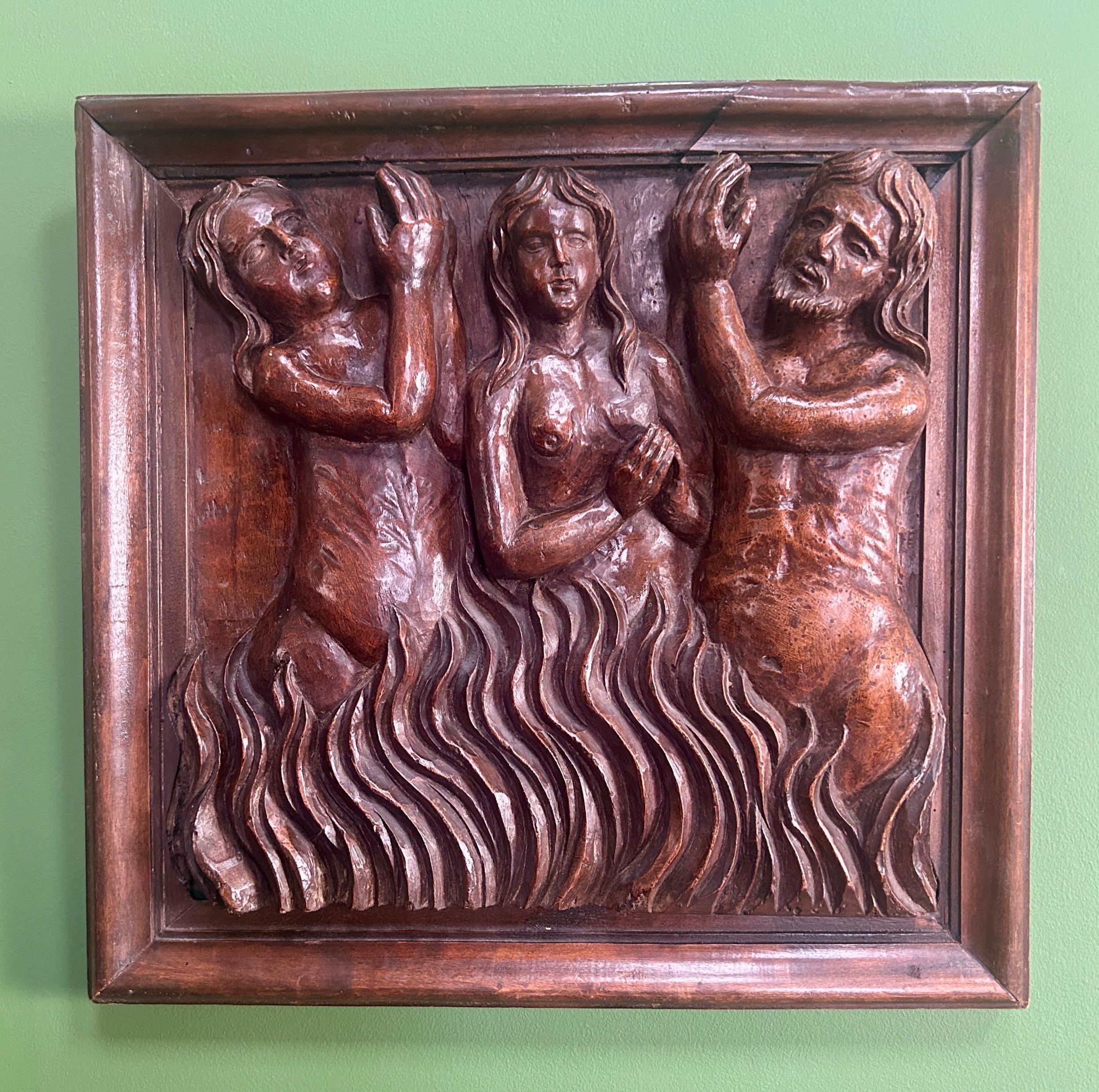 Sculpté 16th Century Carved Religious Panel Sculpture of Poor Souls in Purgatory Hell en vente