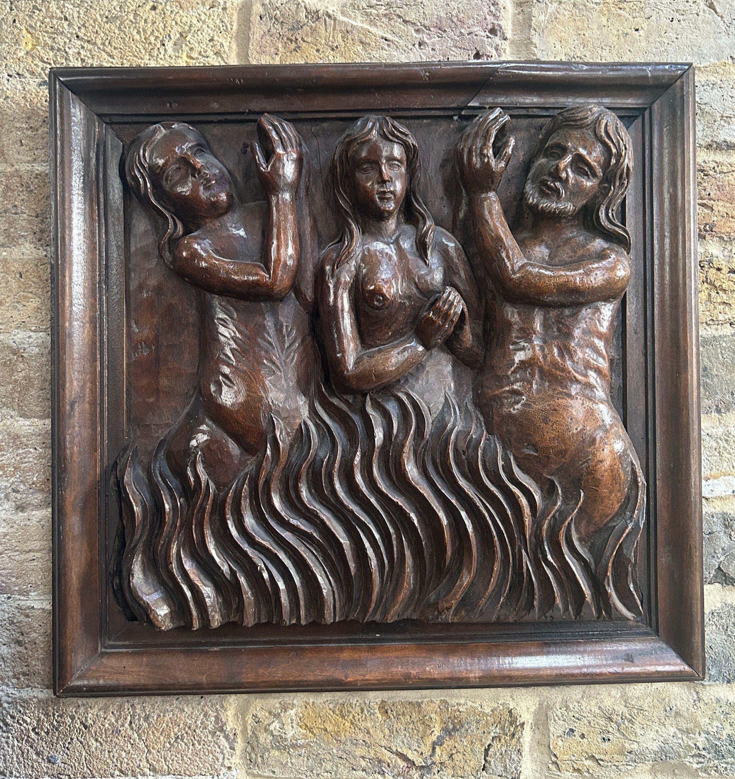 16th Century Carved Religious Panel Sculpture of Poor Souls in Purgatory Hell Bon état - En vente à London, GB
