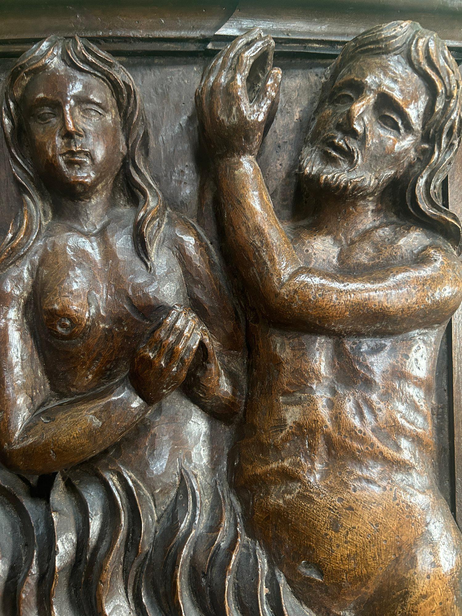 Bois 16th Century Carved Religious Panel Sculpture of Poor Souls in Purgatory Hell en vente