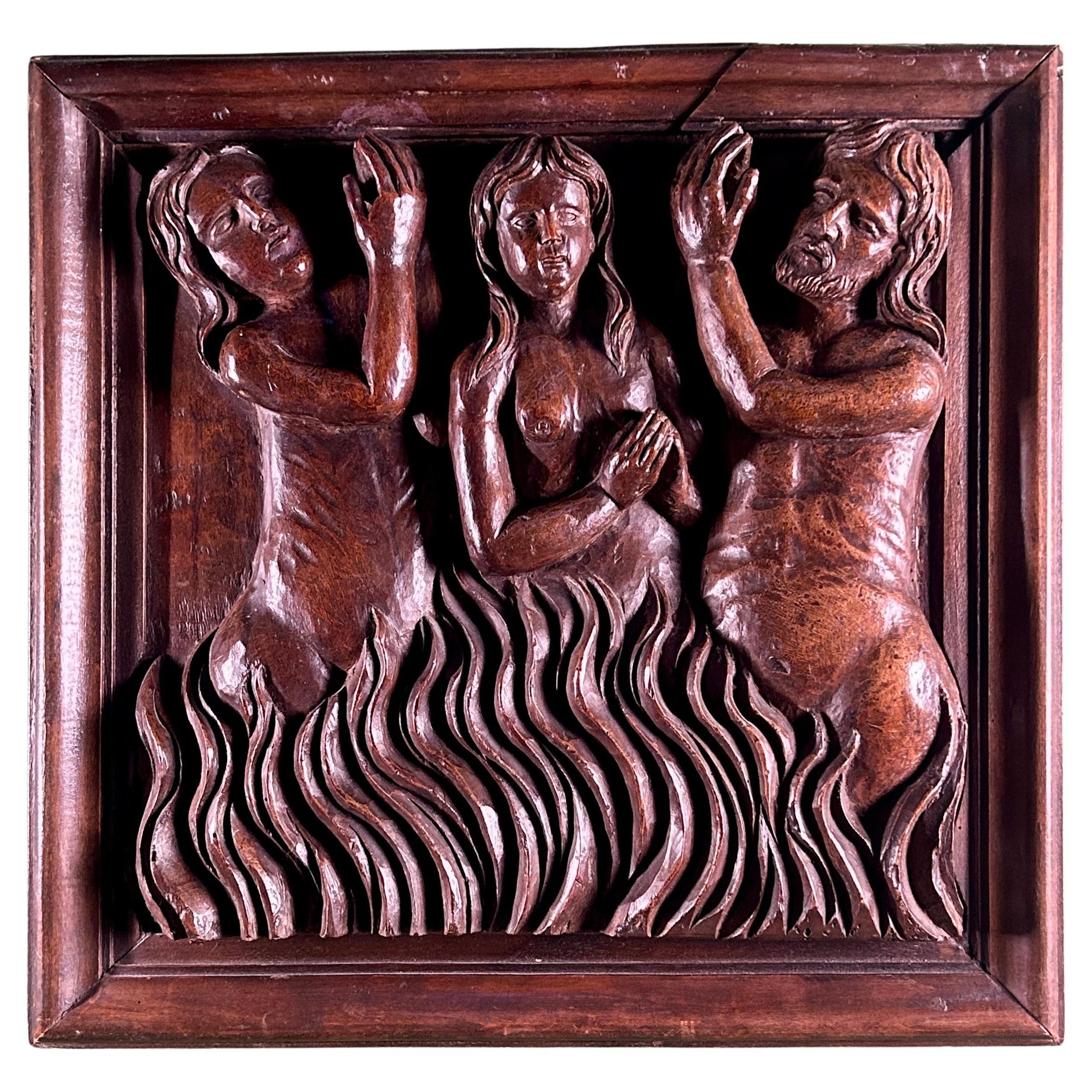 16th Century Carved Religious Panel Sculpture of Poor Souls in Purgatory Hell en vente