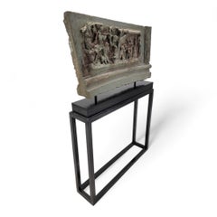 Antique Chinese Hand Sculpted Grey Stone Panel with Stand
