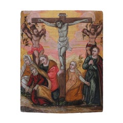 16th Century Crucifixion Painting Tempera on Wood Cretan School