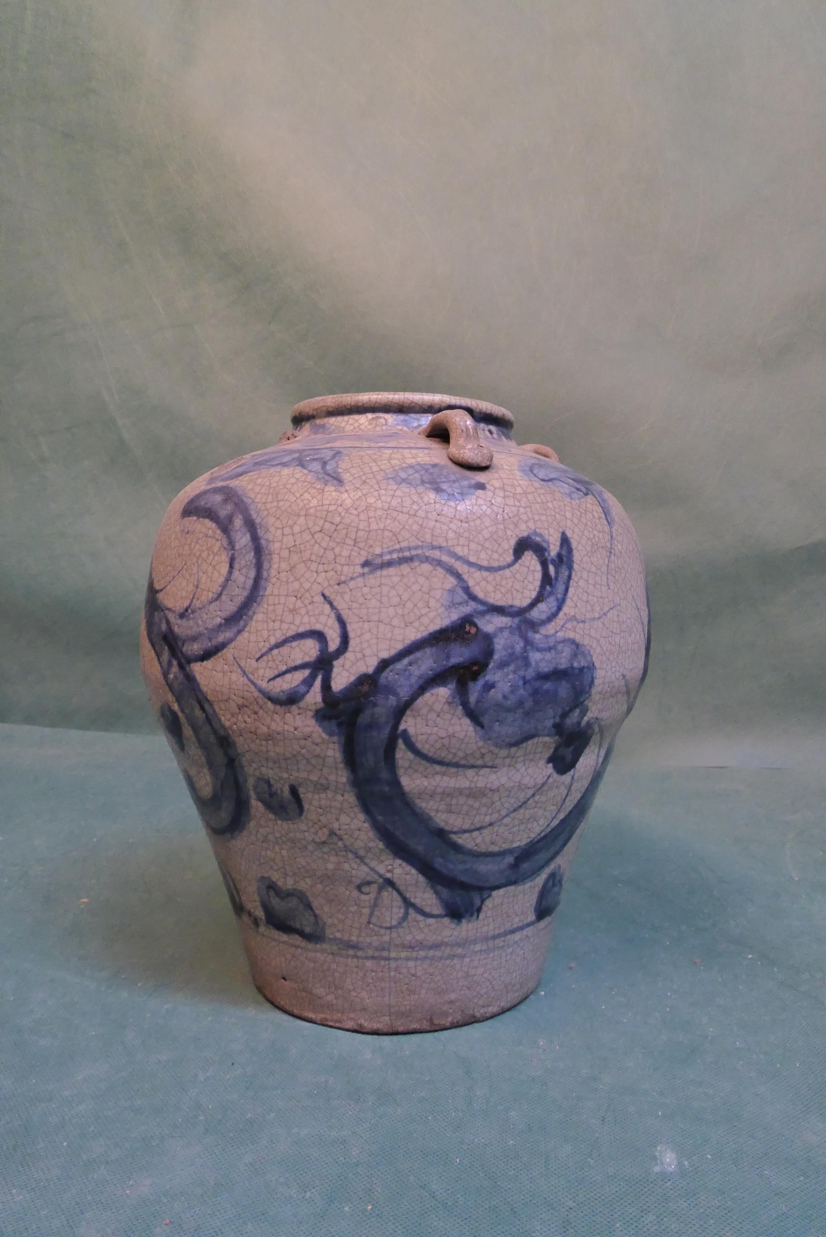 16th Century Early Oriental Blue and Gray Vase In Distressed Condition For Sale In Glencarse, Perthshire