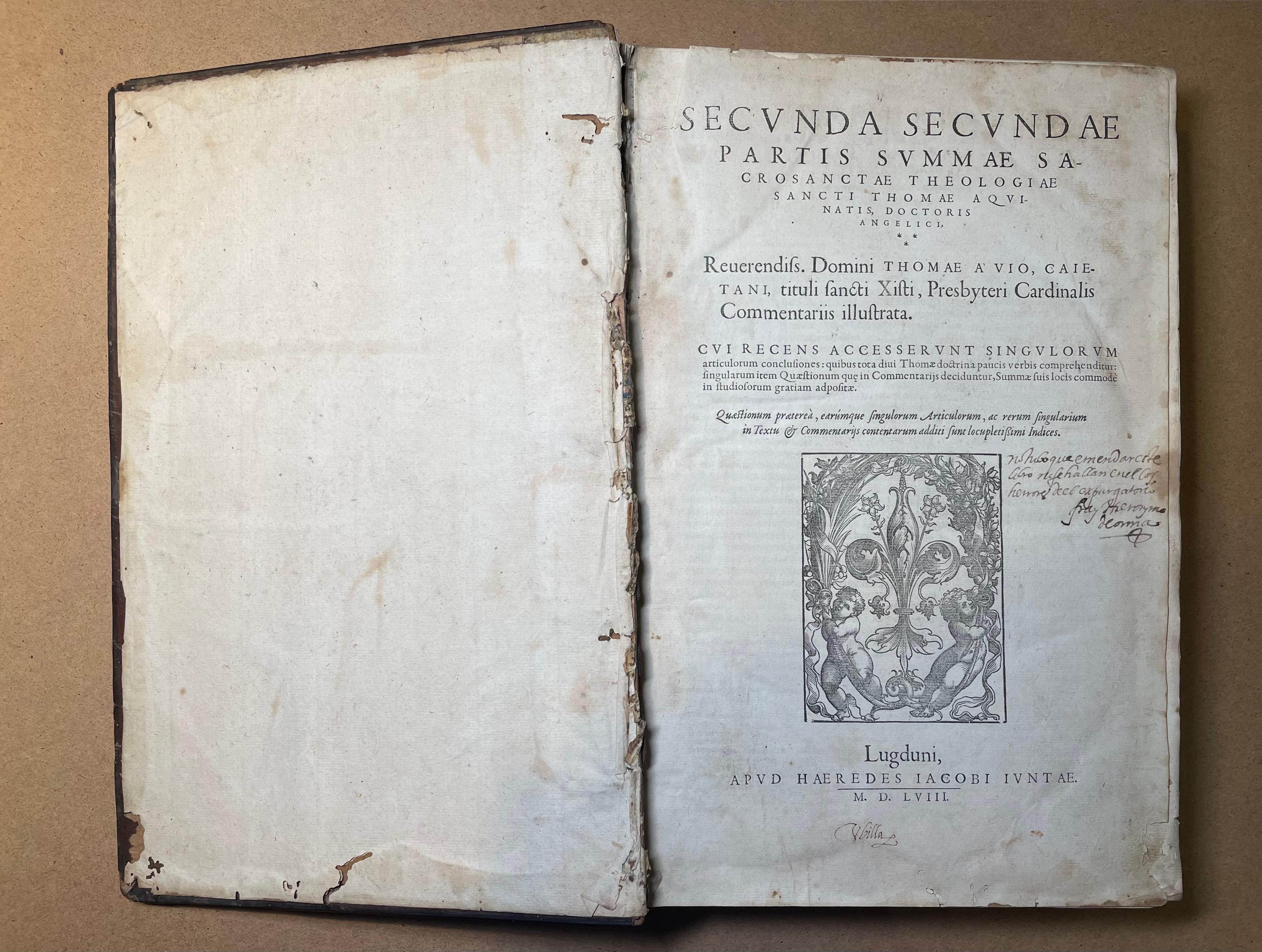 This is a Thomas Aquinas’ Book. It depicts 16th century Edition of the Secunda Secundae Partis Summa Theologica 1558. It is a compendium of theology written in Latin by Thomas Aquinas for the Roman Catholic Church between 1265-1273. It is divided in