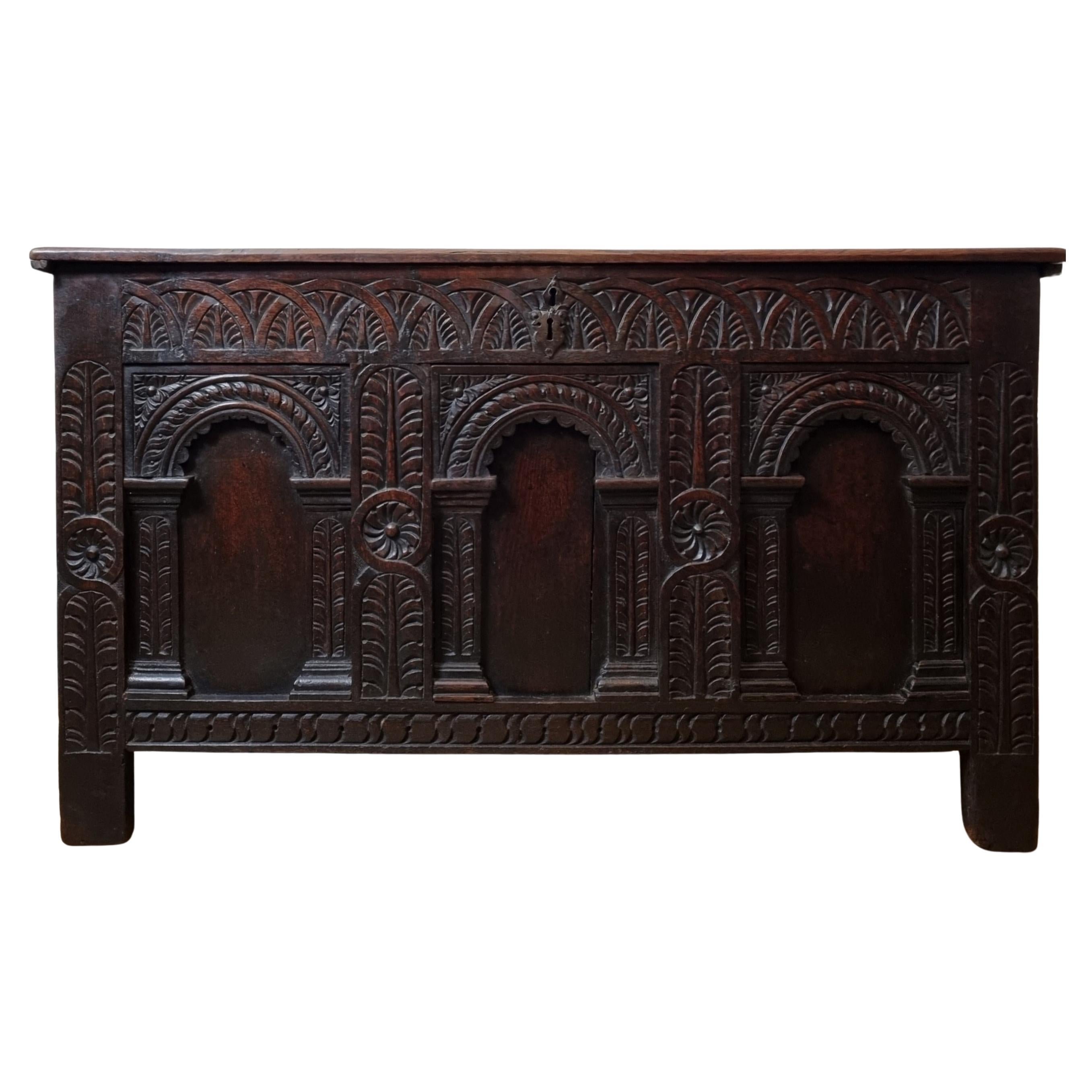 16th Century Elizabethan Carved Oak Chest  For Sale