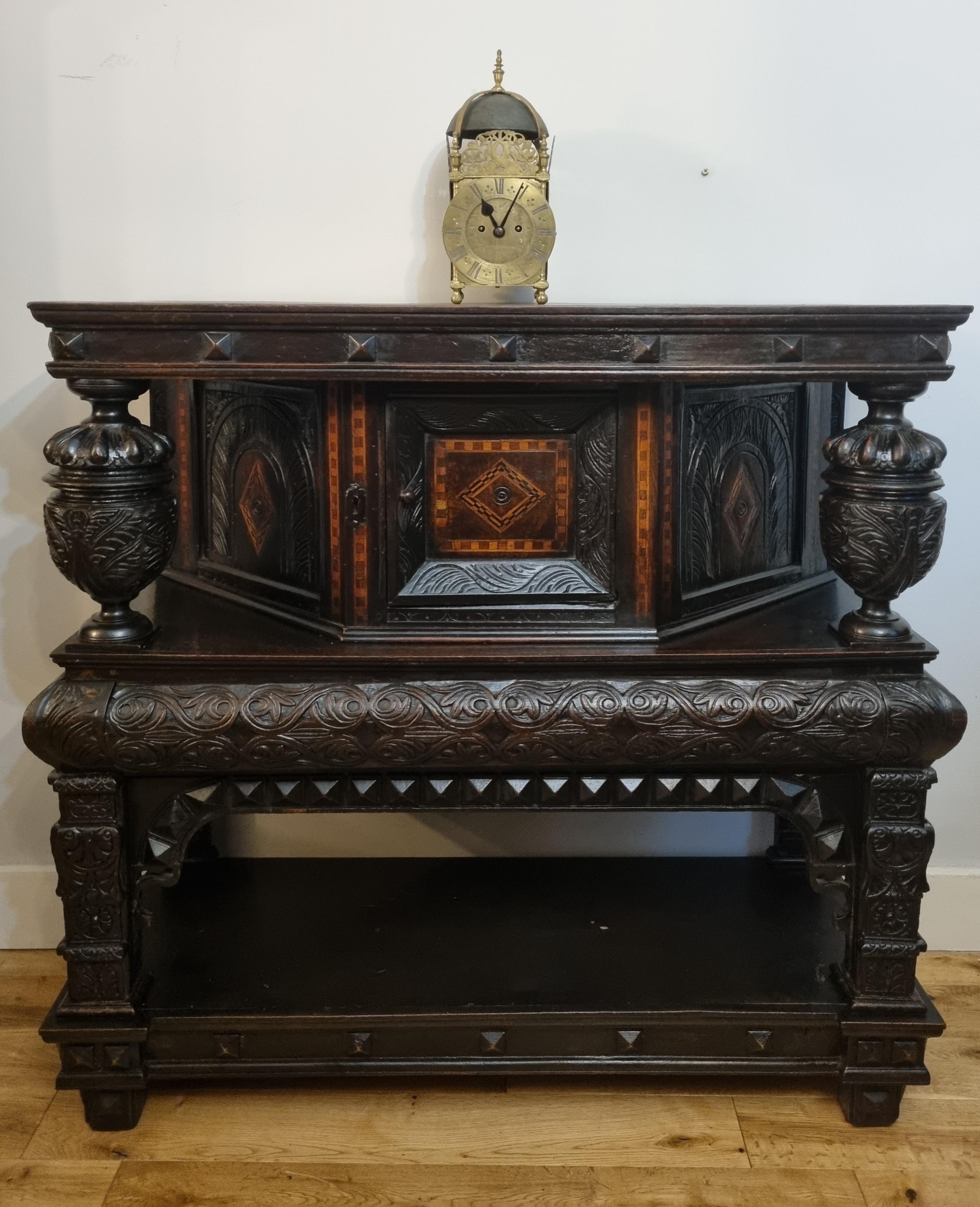 Hand-Carved 16th Century Elizabethan Inlaid Oak Livery Cupboard For Sale