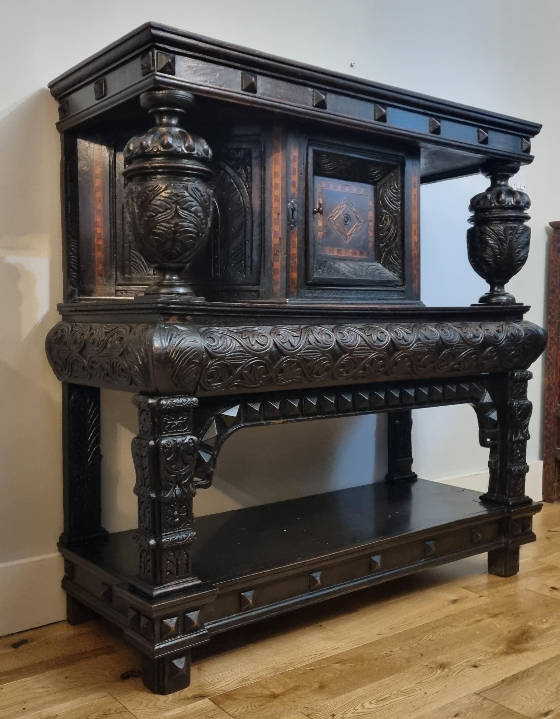 18th Century and Earlier 16th Century Elizabethan Inlaid Oak Livery Cupboard For Sale