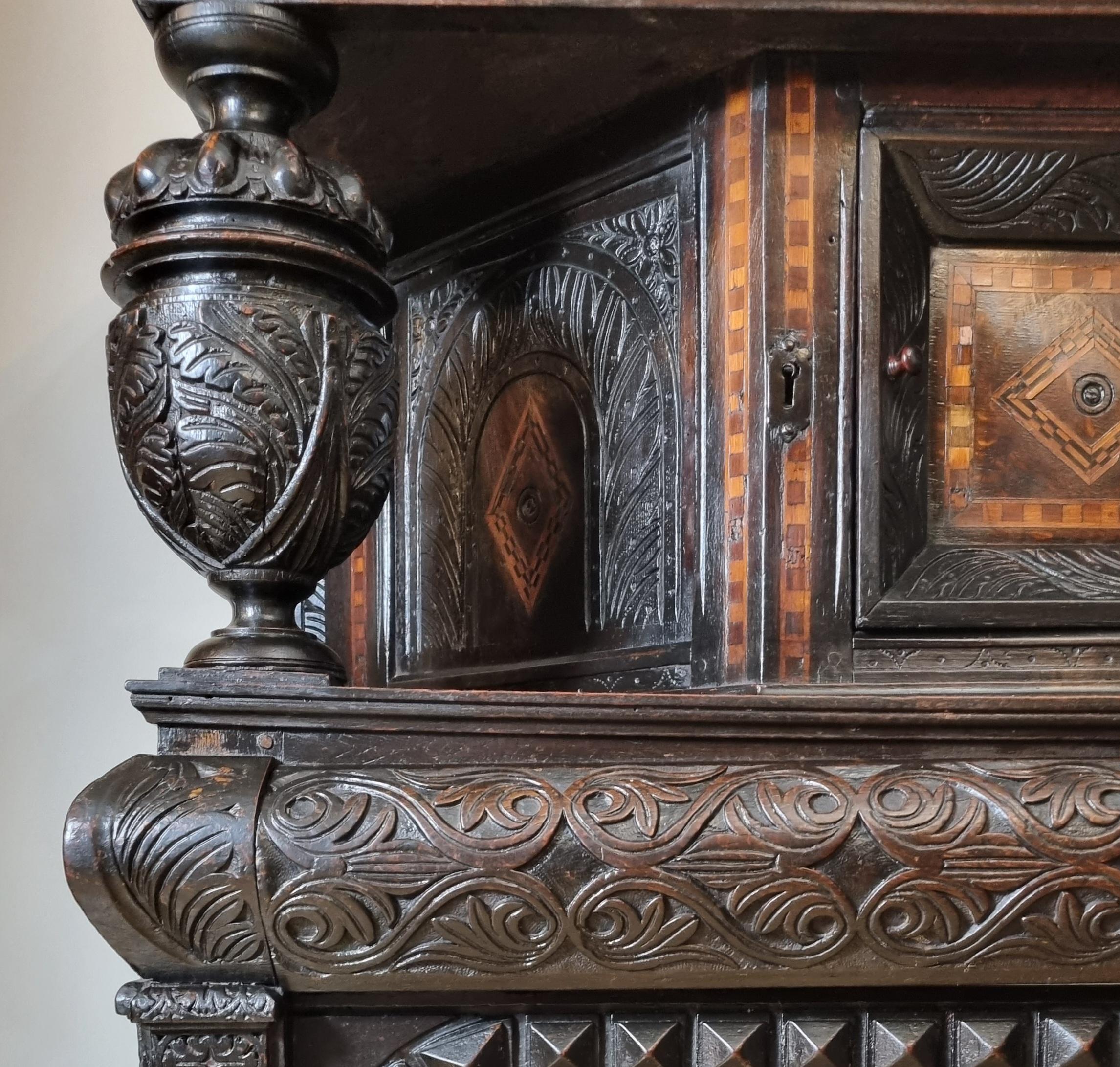 16th Century Elizabethan Inlaid Oak Livery Cupboard For Sale 1