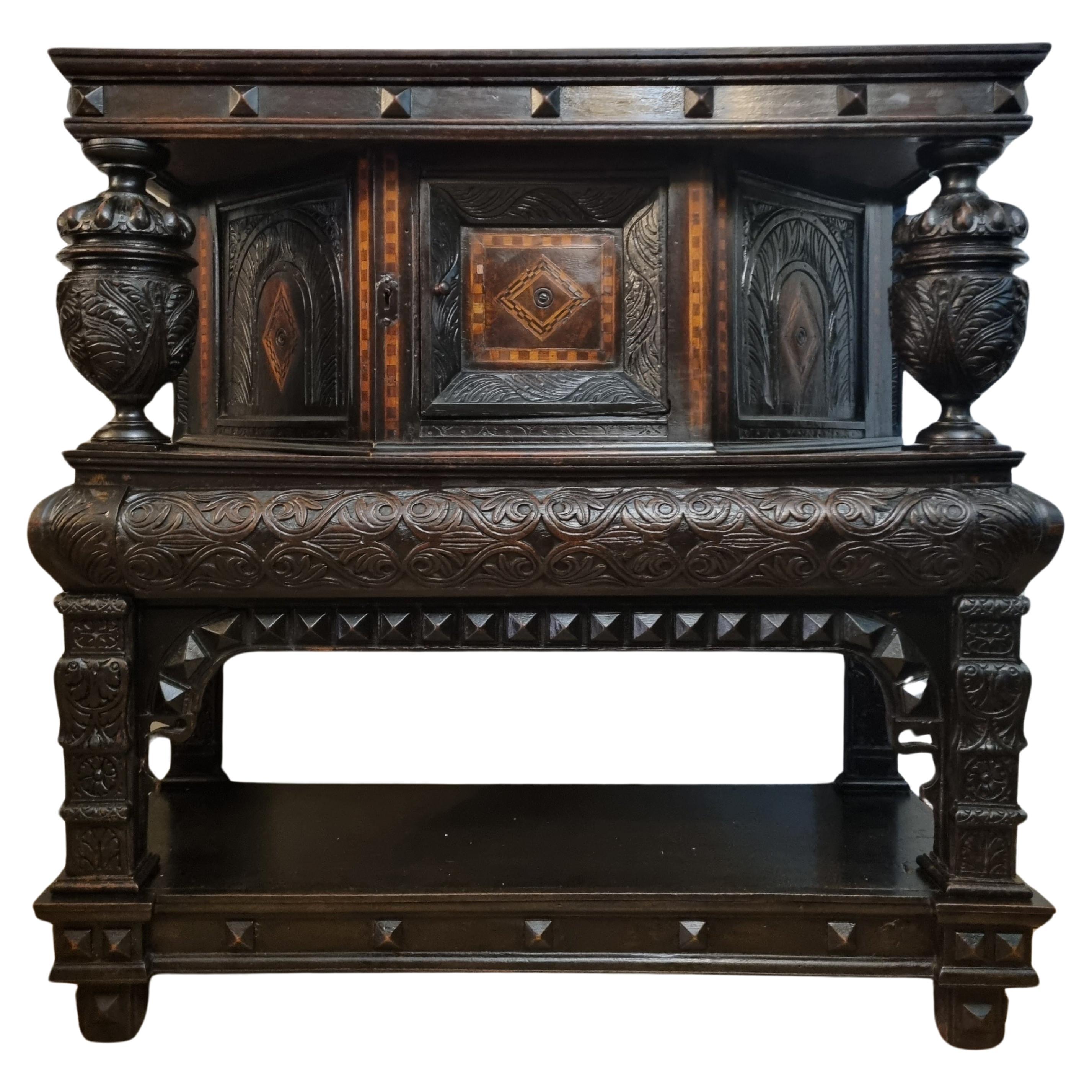 16th Century Elizabethan Inlaid Oak Livery Cupboard For Sale