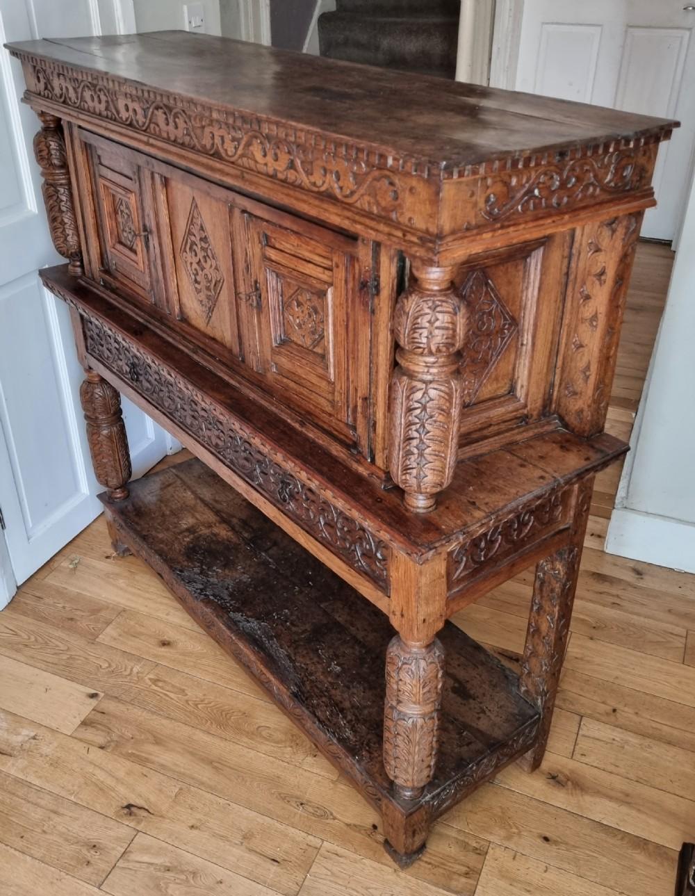 Carved 16th Century Elizabethan Joined Oak Livery Court Cupboard For Sale