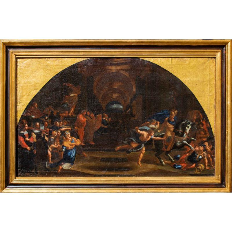 Follower of Raffaello Sanzio (Urbino, 1483 - Rome, 1520), 16th century The expulsion of Heliodorus from the Temple

Oil on canvas, 61 x 100 cm

Frame 76.5 x 104 cm

The reinterpretation of events described in the Old Testament, not only as a