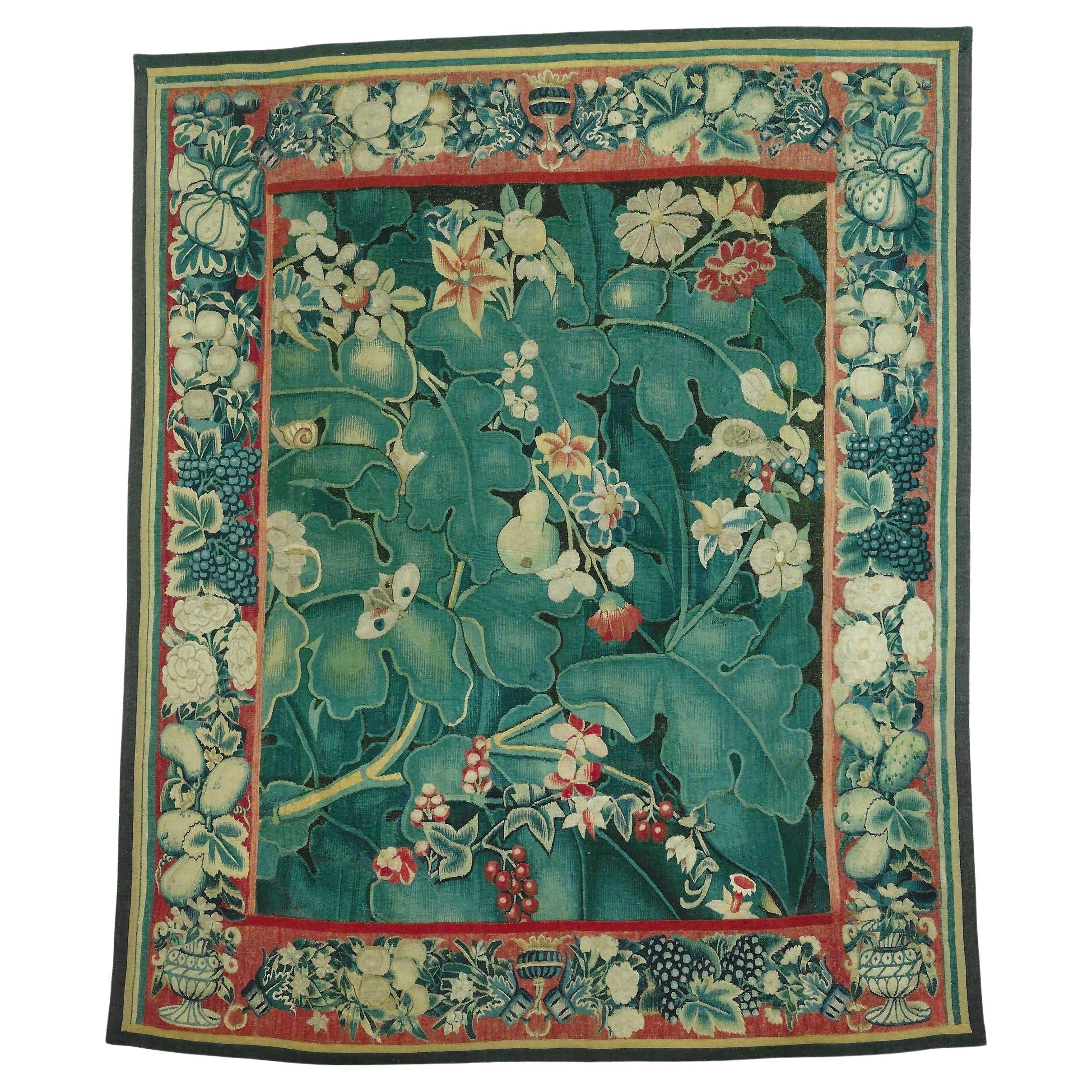 Flemish Hand-Woven "Feuilles De Choux" Tapestry, Silk and Wool For Sale