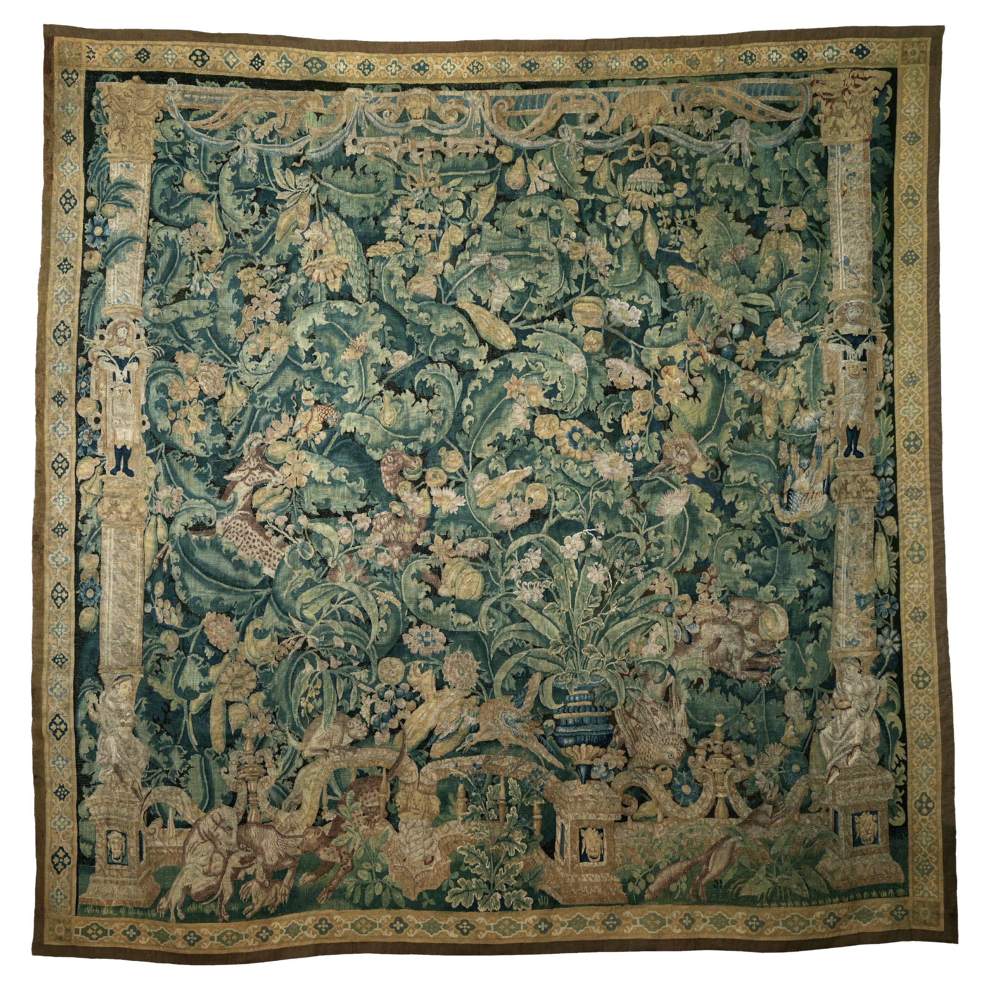 Flemish Hand-Woven "Feuilles de Choux" Tapestry, Silk and Wool