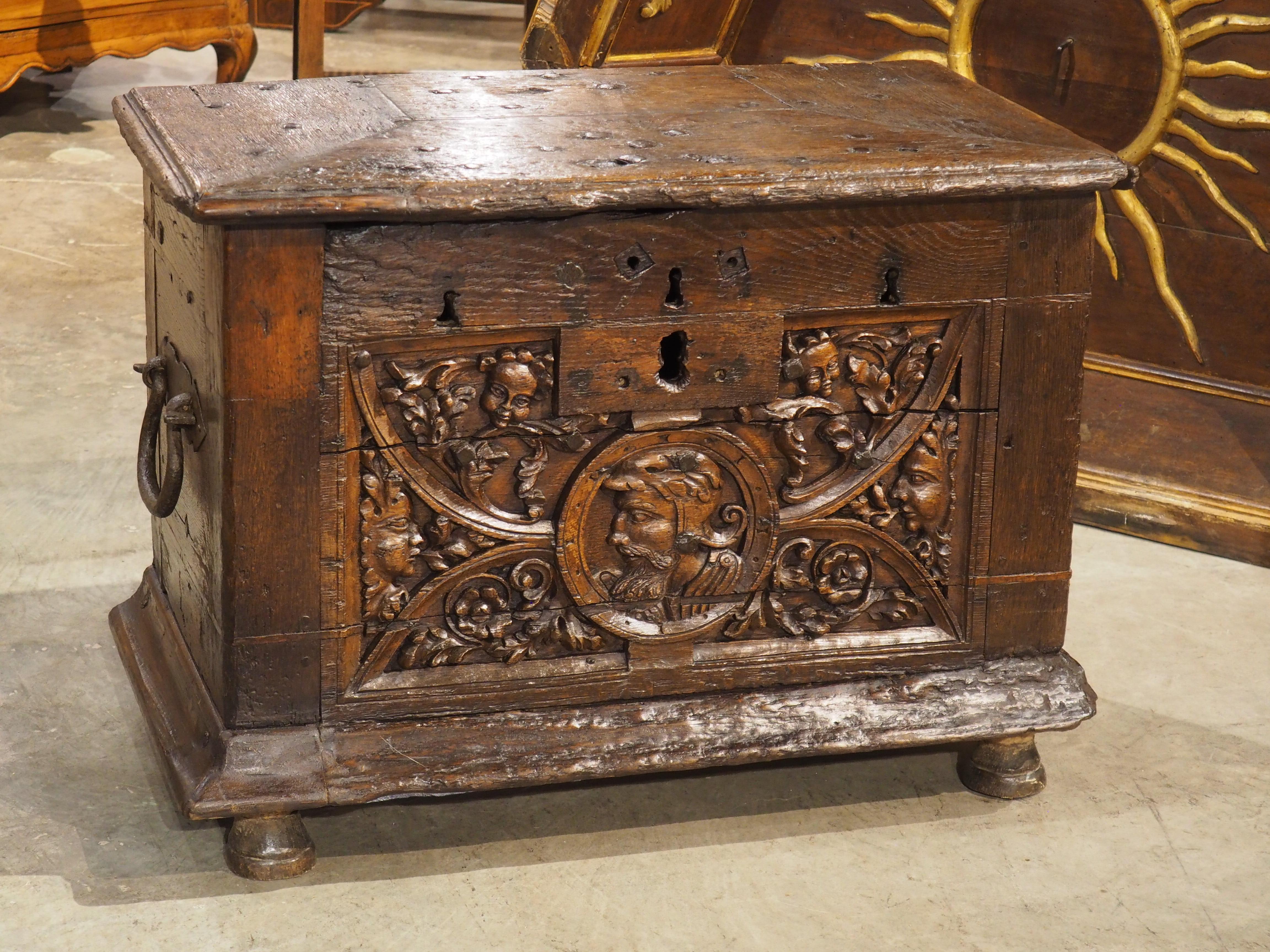 Renaissance 16th Century Flemish Oak Strong Box Trunk with Iron Strapwork For Sale