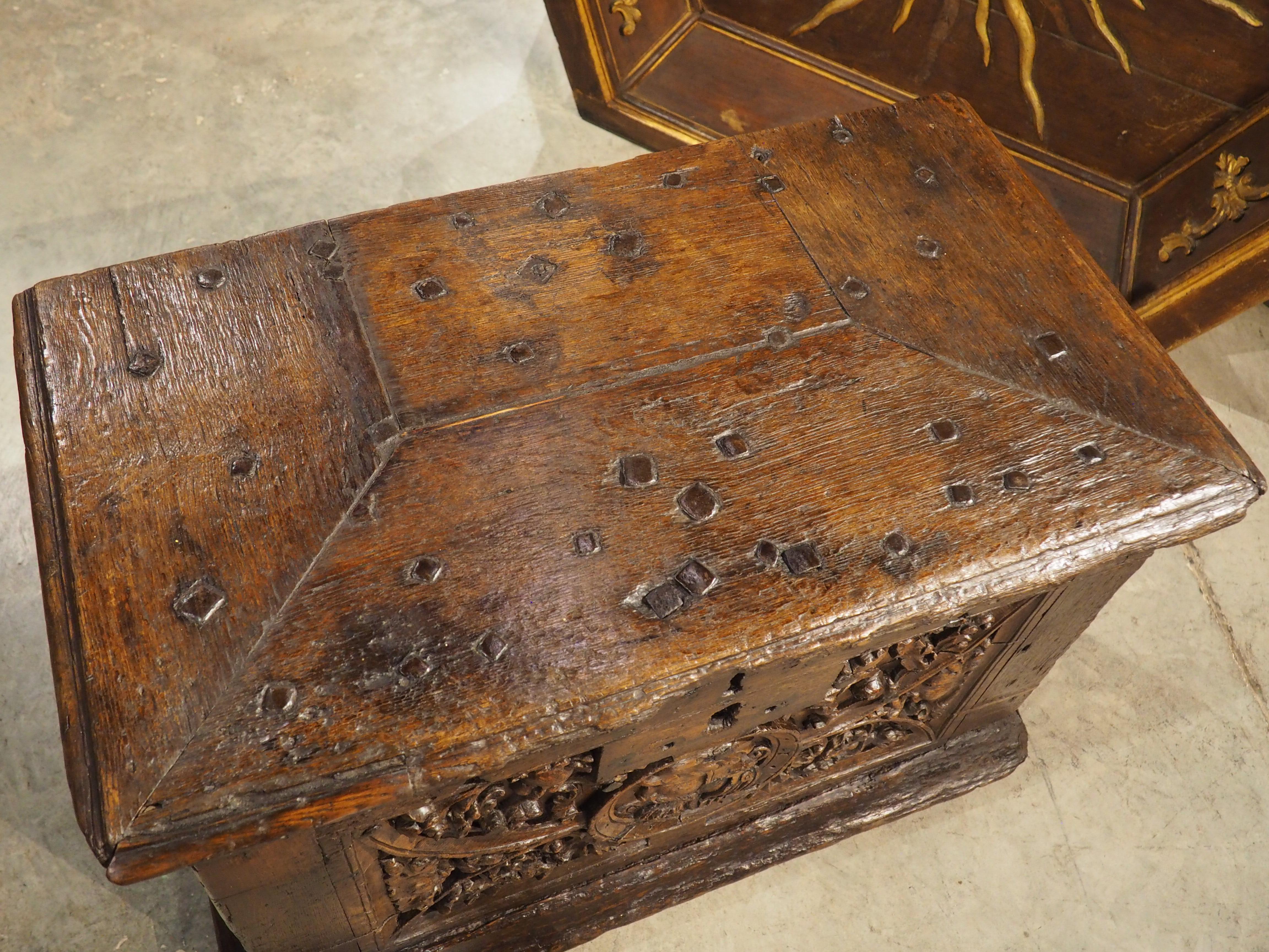 Belgian 16th Century Flemish Oak Strong Box Trunk with Iron Strapwork For Sale