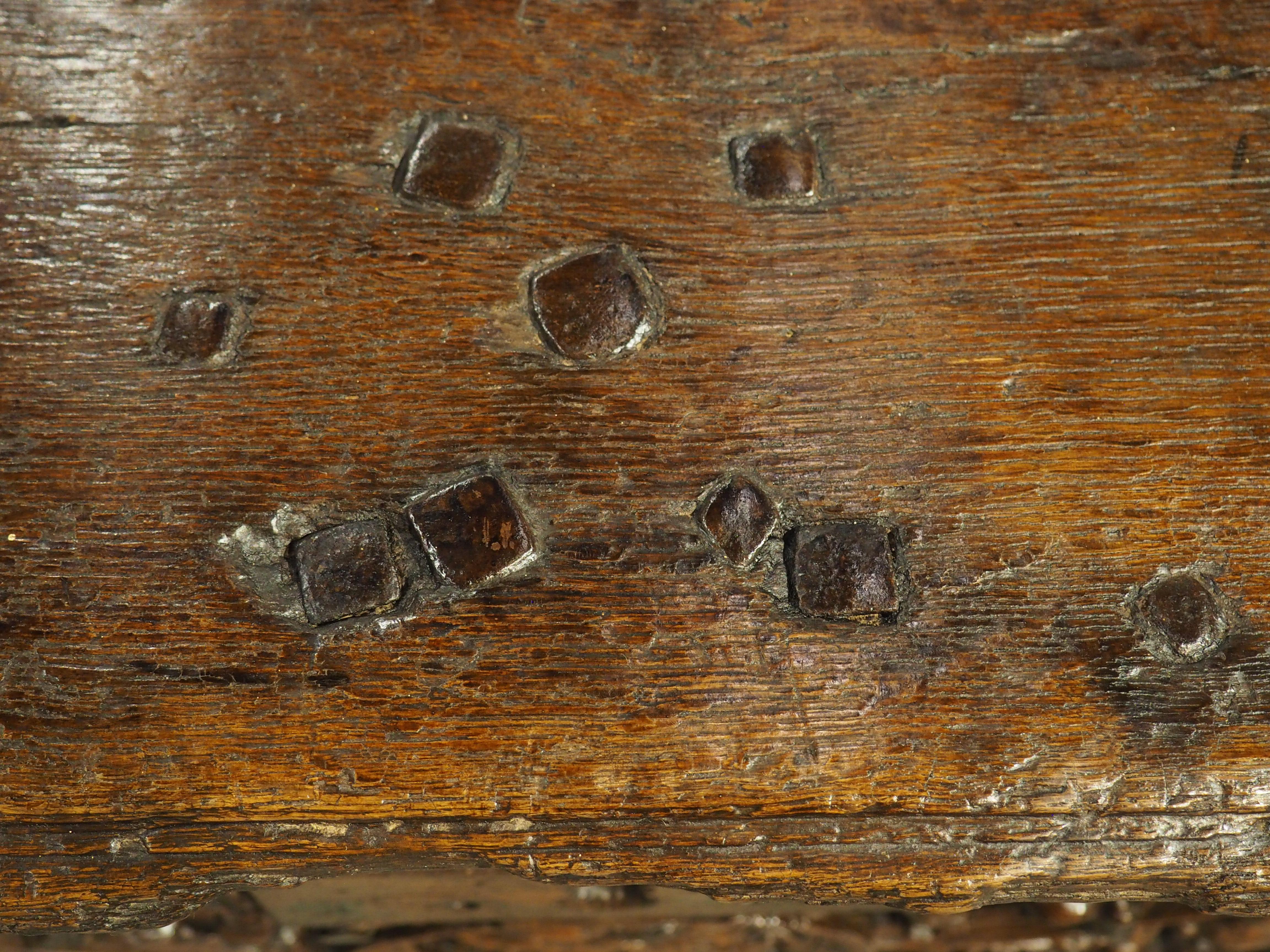 Hand-Carved 16th Century Flemish Oak Strong Box Trunk with Iron Strapwork For Sale