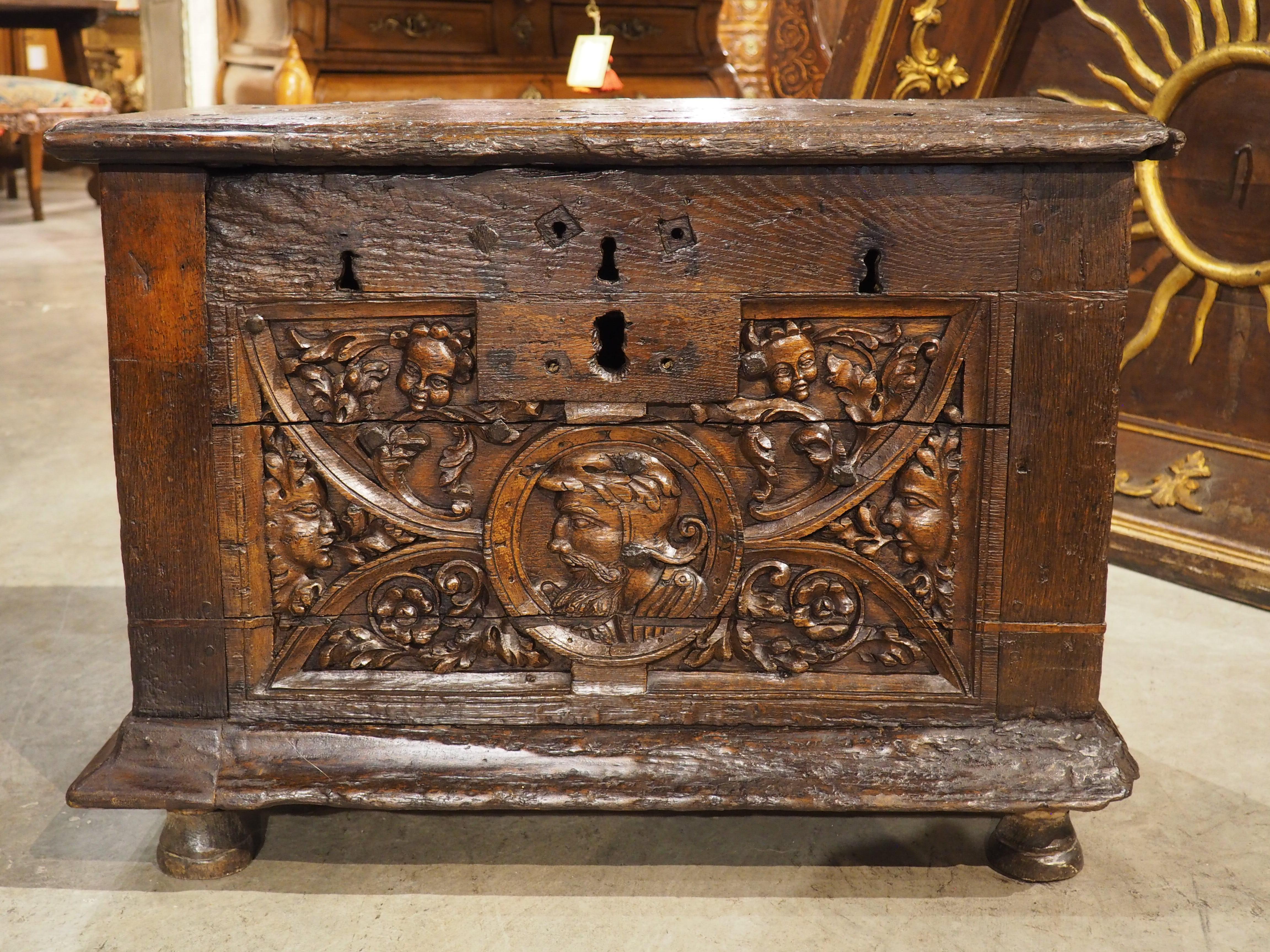 16th Century Flemish Oak Strong Box Trunk with Iron Strapwork In Good Condition For Sale In Dallas, TX