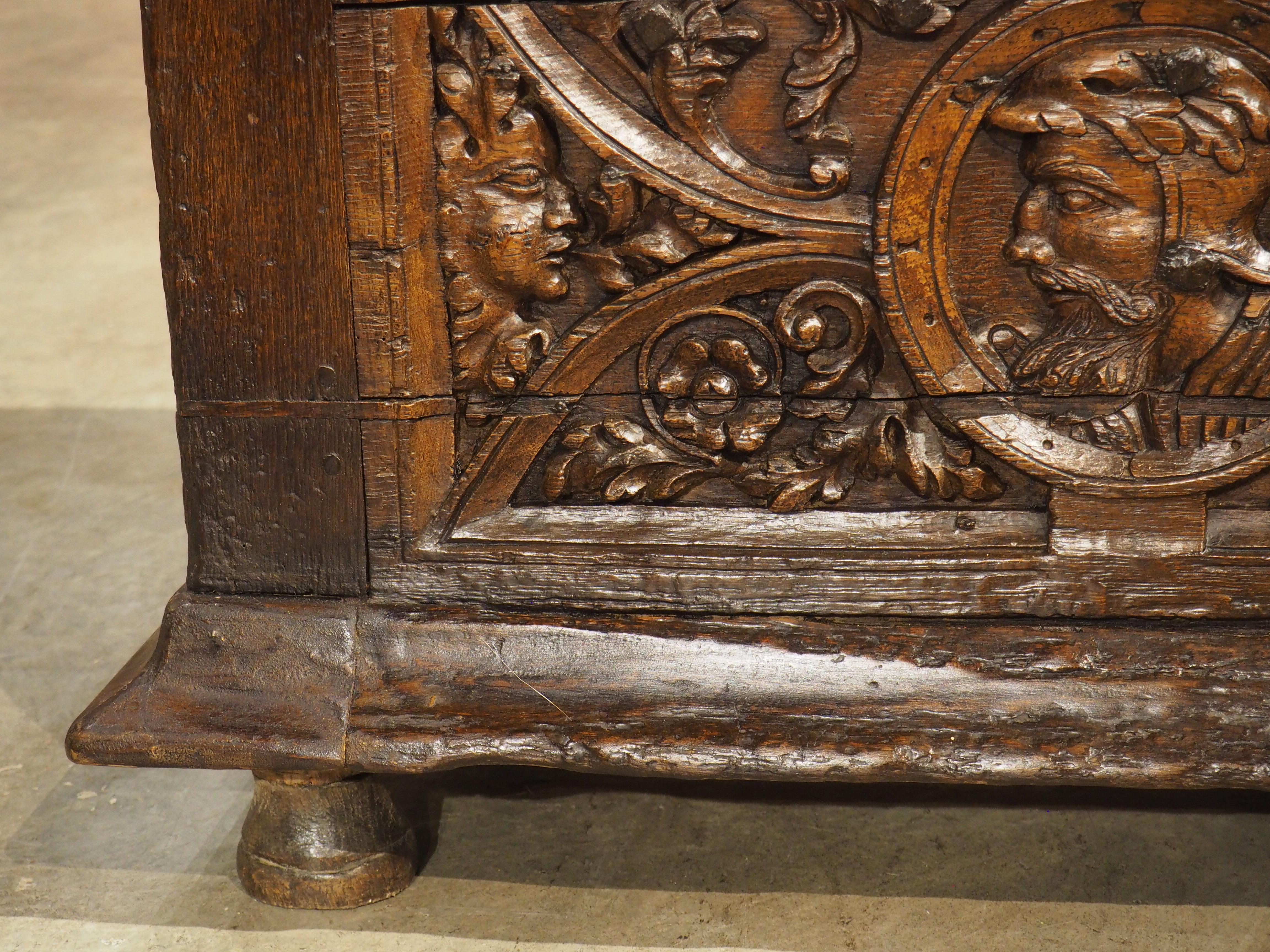 18th Century and Earlier 16th Century Flemish Oak Strong Box Trunk with Iron Strapwork For Sale