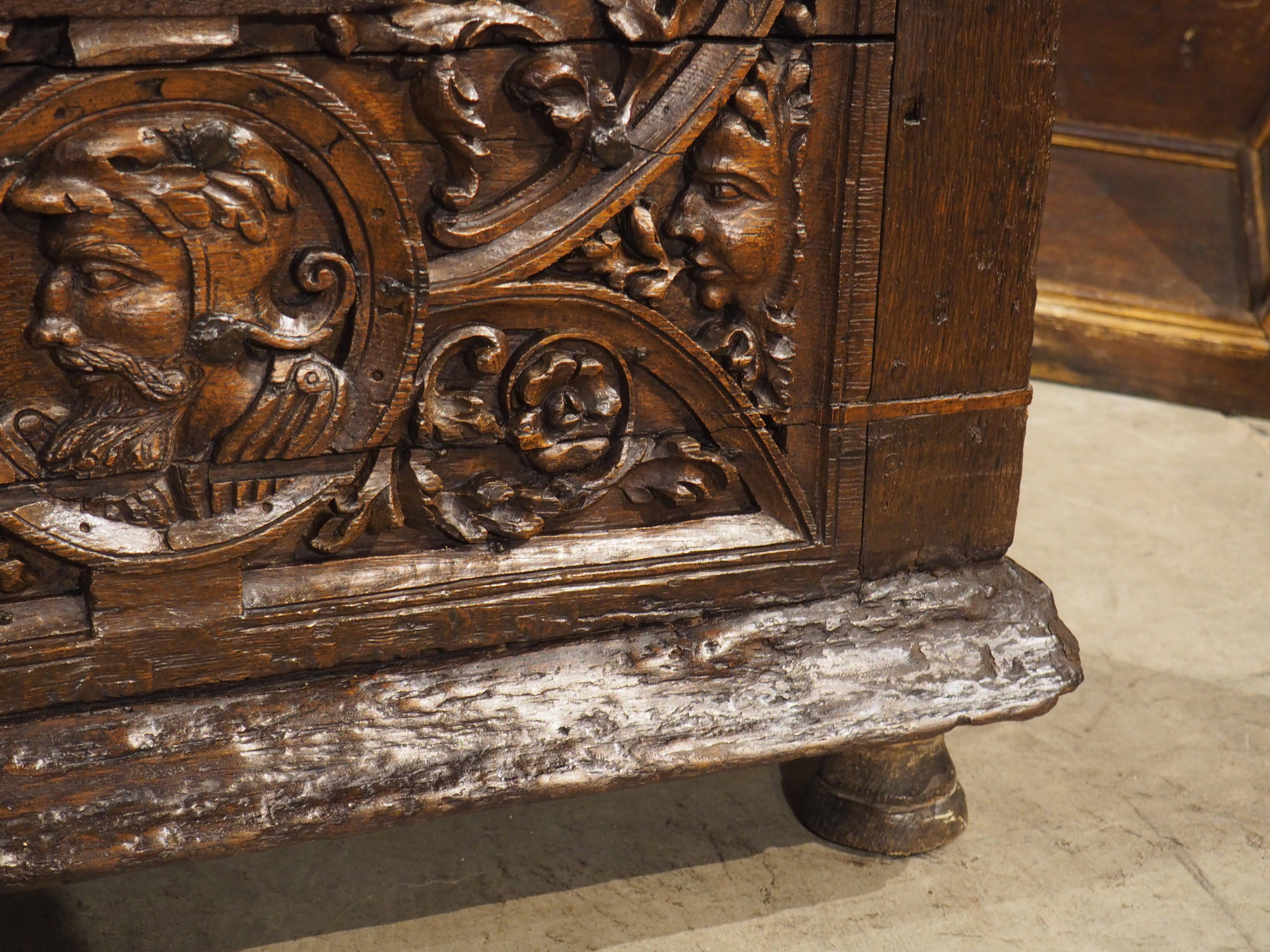 Metal 16th Century Flemish Oak Strong Box Trunk with Iron Strapwork For Sale