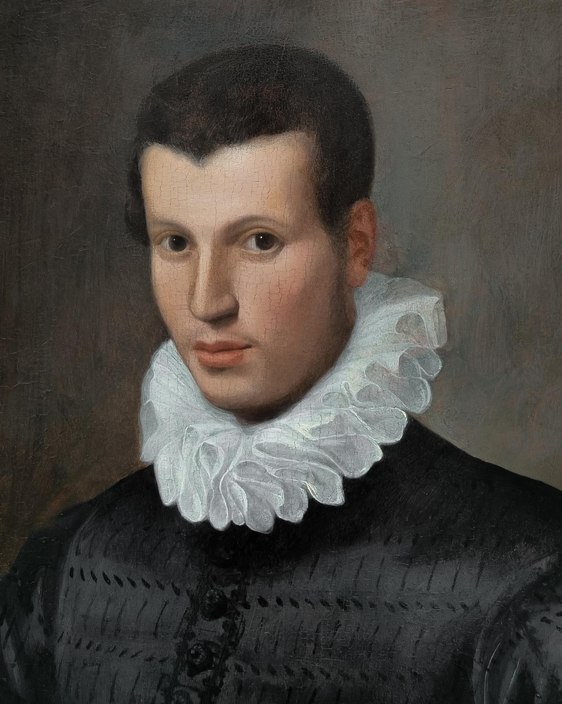 Portrait of a Gentleman in a Black Doublet Holding a Medallion c.1575/80 - Old Masters Painting by 16th Century Florentine School