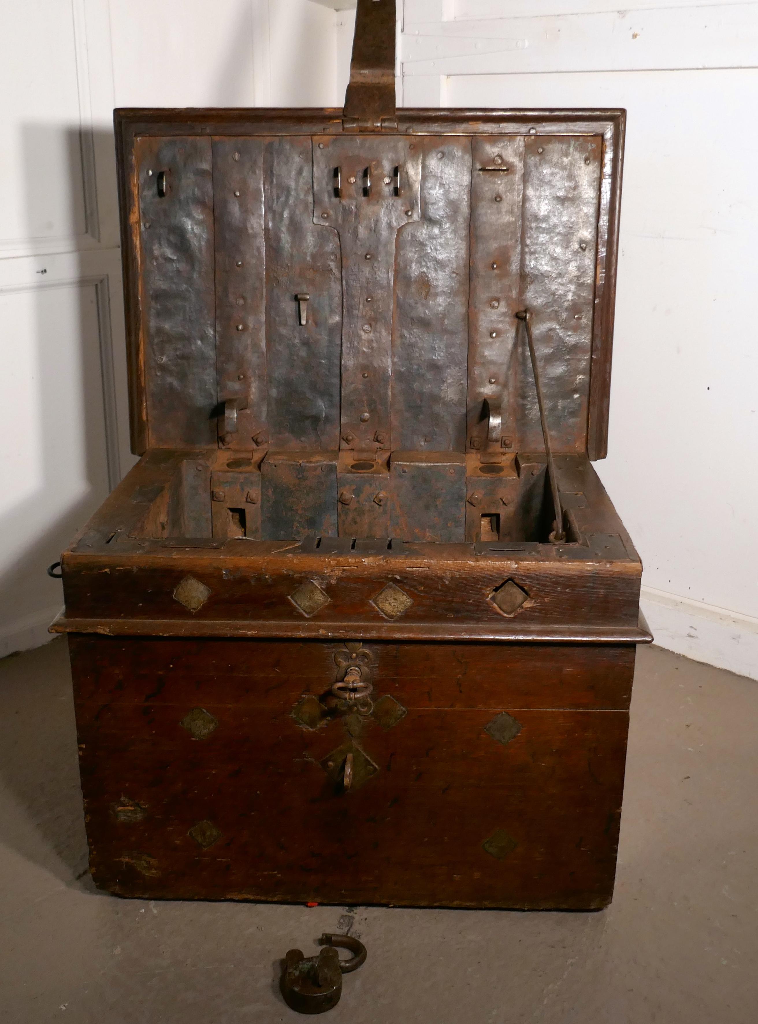 17th century French coffer, oak silver treasure chest, strong box

A very rare piece, this oak Coffer was made in the 16th century in 3” thick Oak, lined inside and strengthened through the wood with 1” square Iron Rods.
Needless to say the chest is