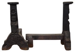 16th Century French Forged Iron Gothic Heraldic Fireplace Andirons Chenets 16"