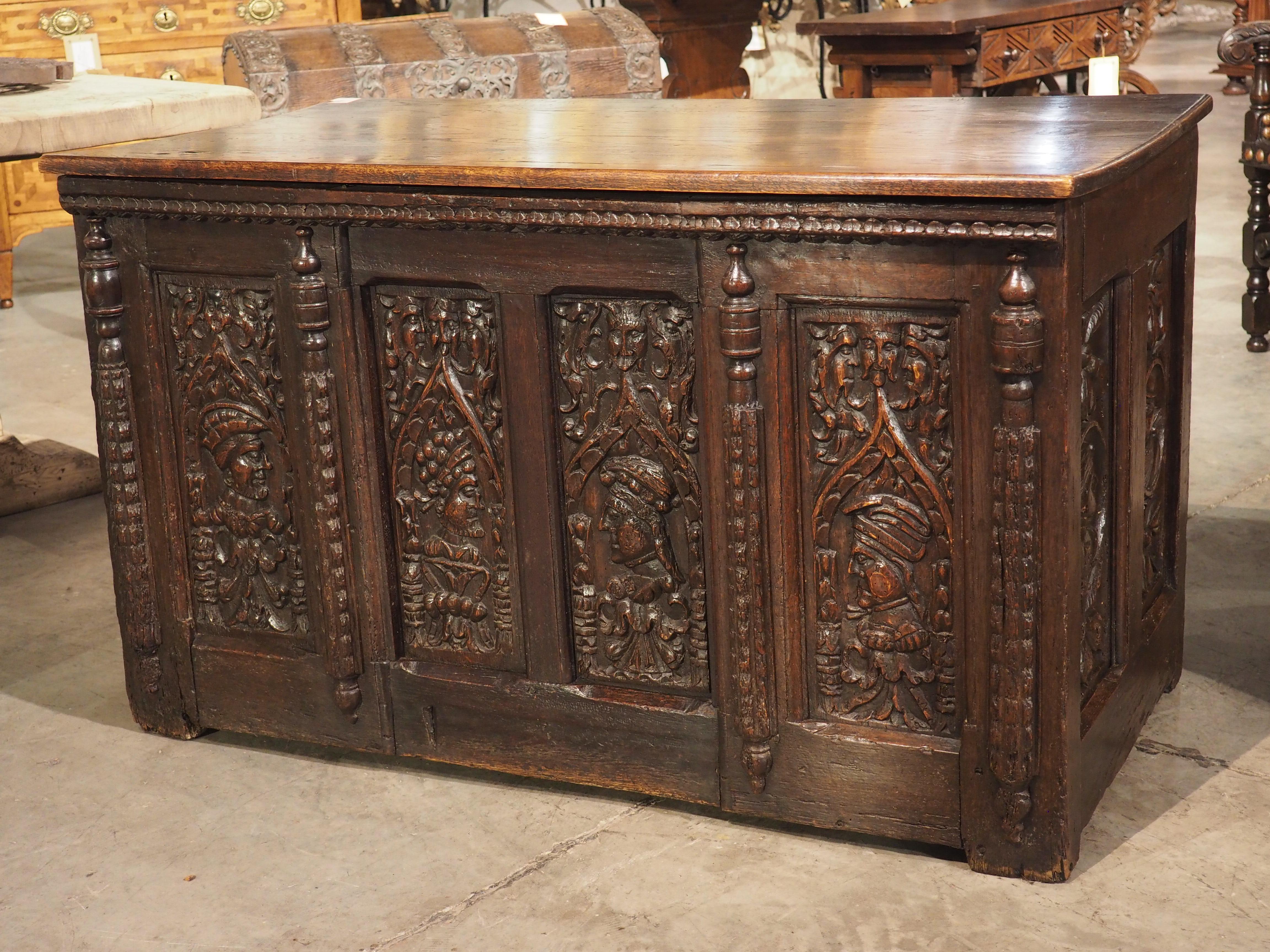 Hand-Carved 16th Century French Renaissance Chest in Carved Oak For Sale