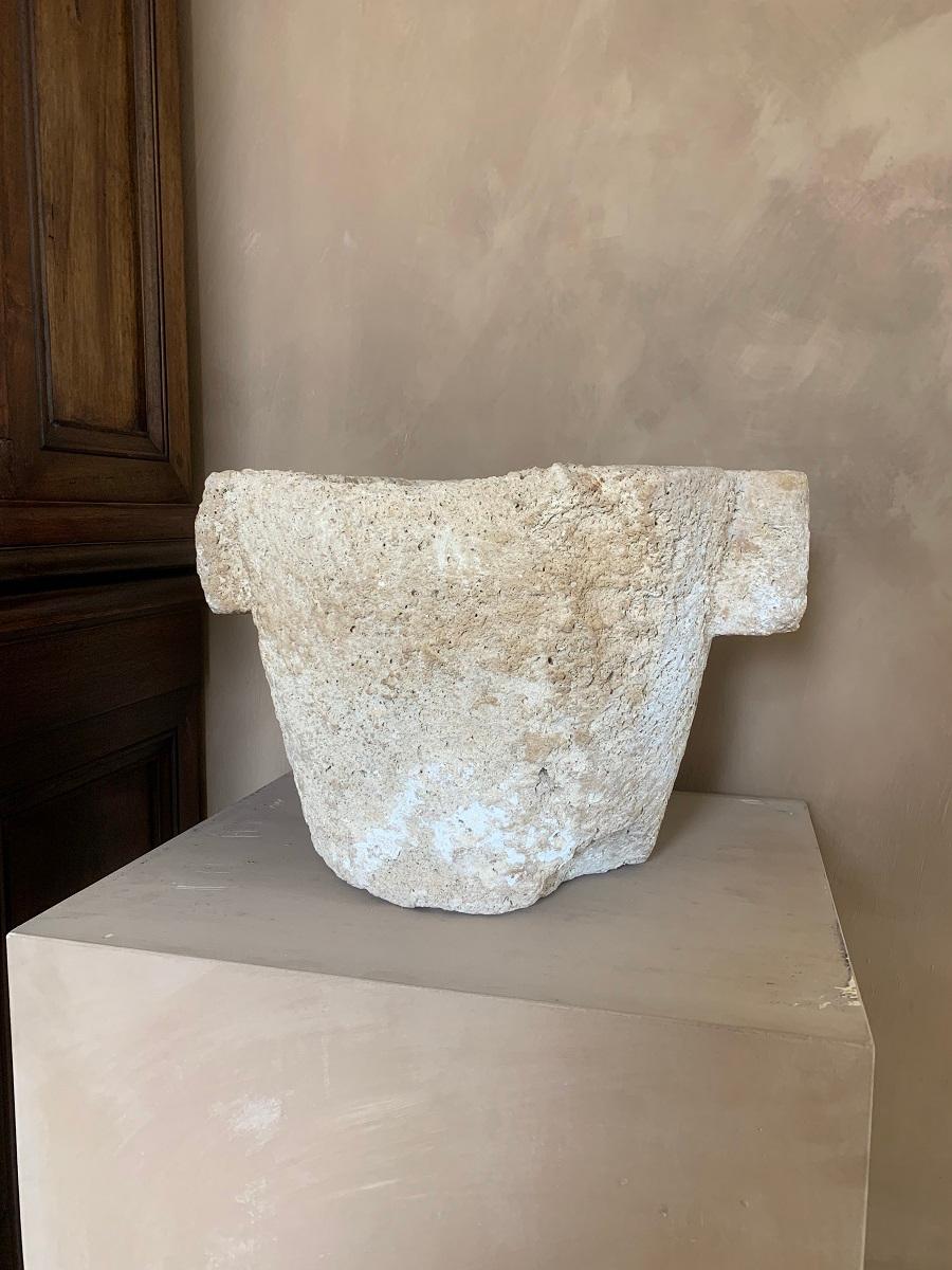A large 16th century French sandstone mortar. Mortars were used since Antiquity to prepare food, medicines, pigments and cosmetics. In Europe stone and wood were most common up until the 18th century when exotic woods and marble were more commonly
