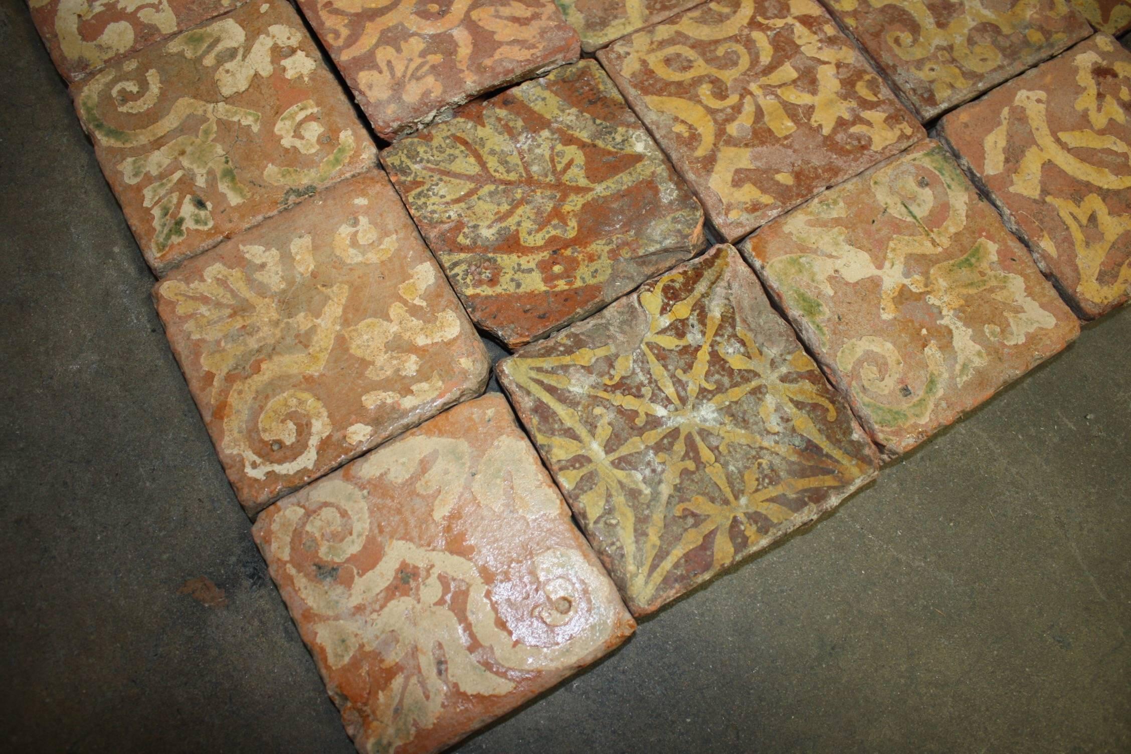 Hand-Painted 16th Century French Terracotta Tiles