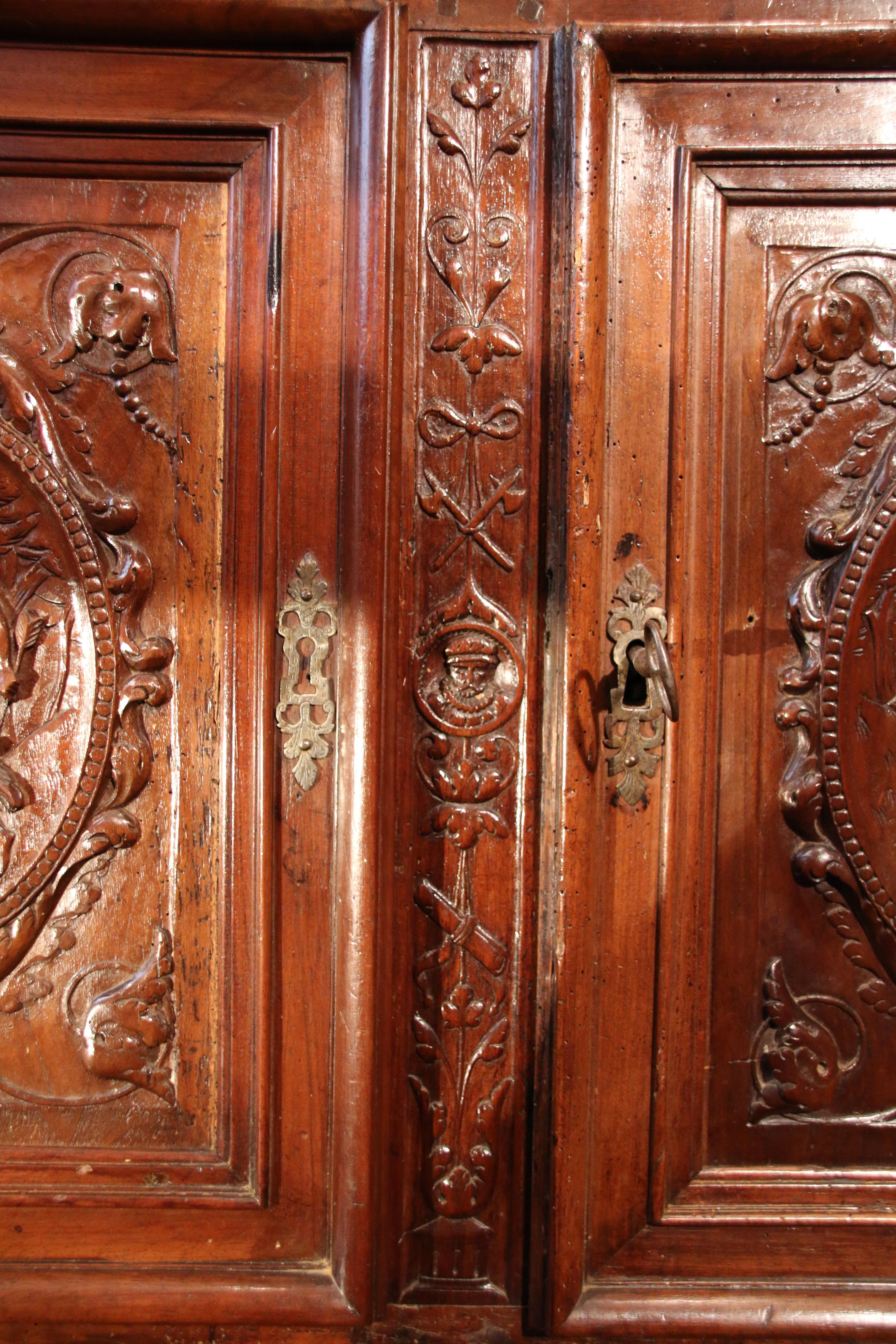 Carved 16th Century French Walnut Cabinet with Marble Inlays For Sale