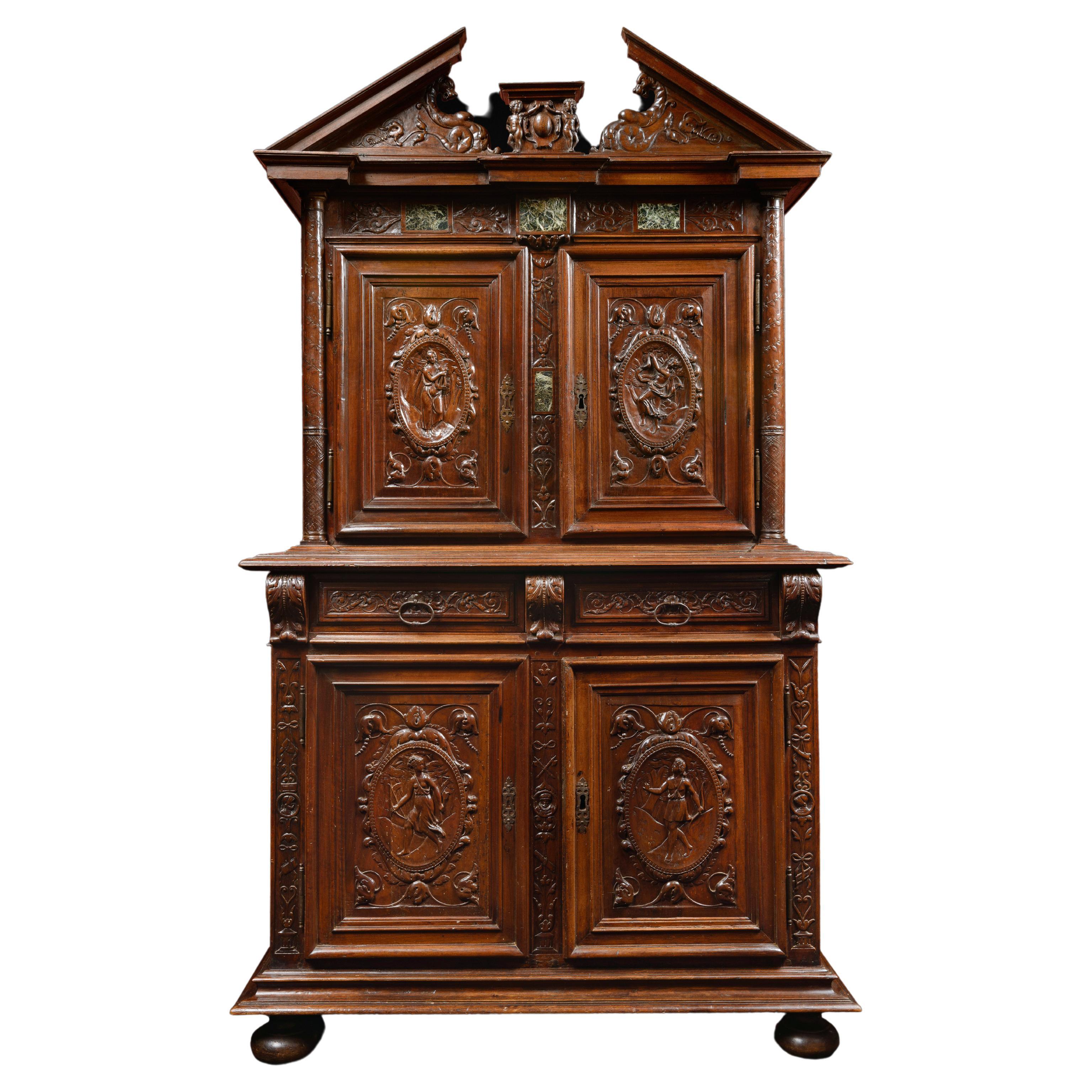 16th Century French Walnut Cabinet with Marble Inlays