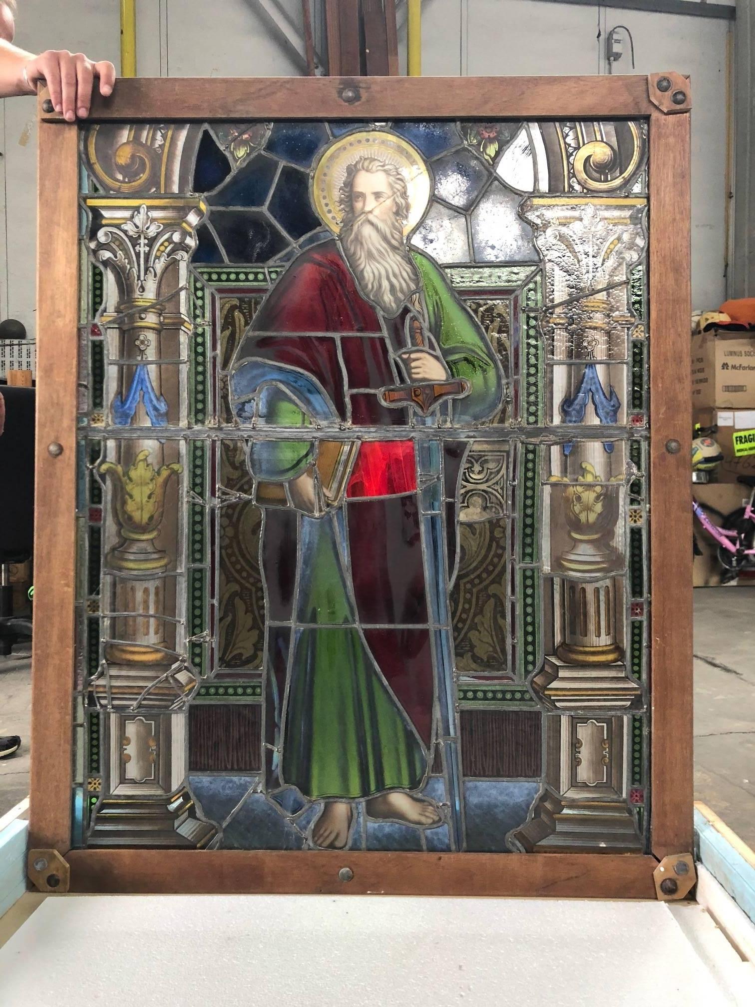Colorful church window dated back in the early baroque era / 16th century from Leipzig, Germany. Made of wood and stained glass. Original item in a wonderful condition. Features a currently unknown person with a sword and stunning details. With