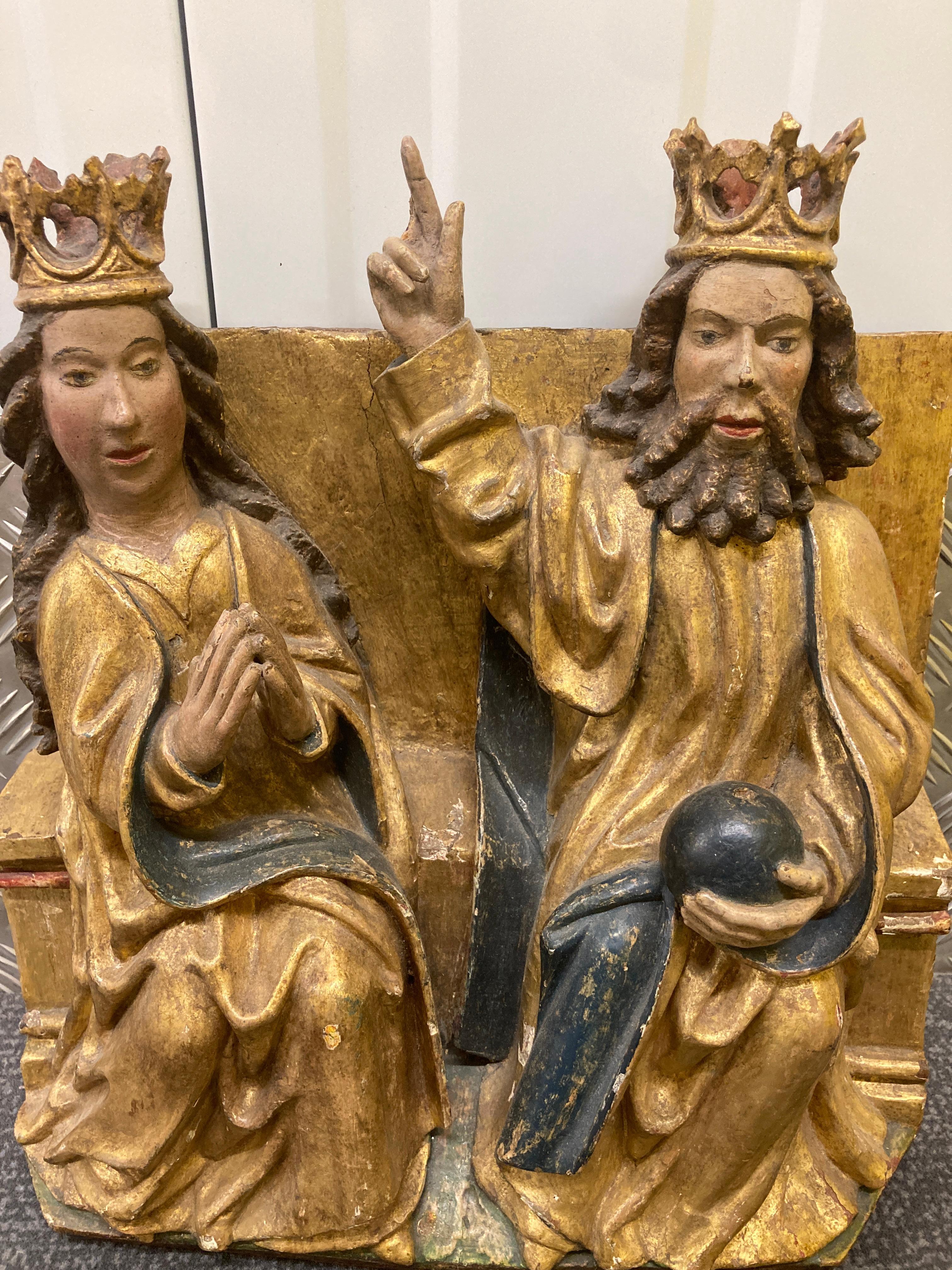 Gothic 16th Century Giltwood and Polychrome Group Carving – 'God and Mary' For Sale